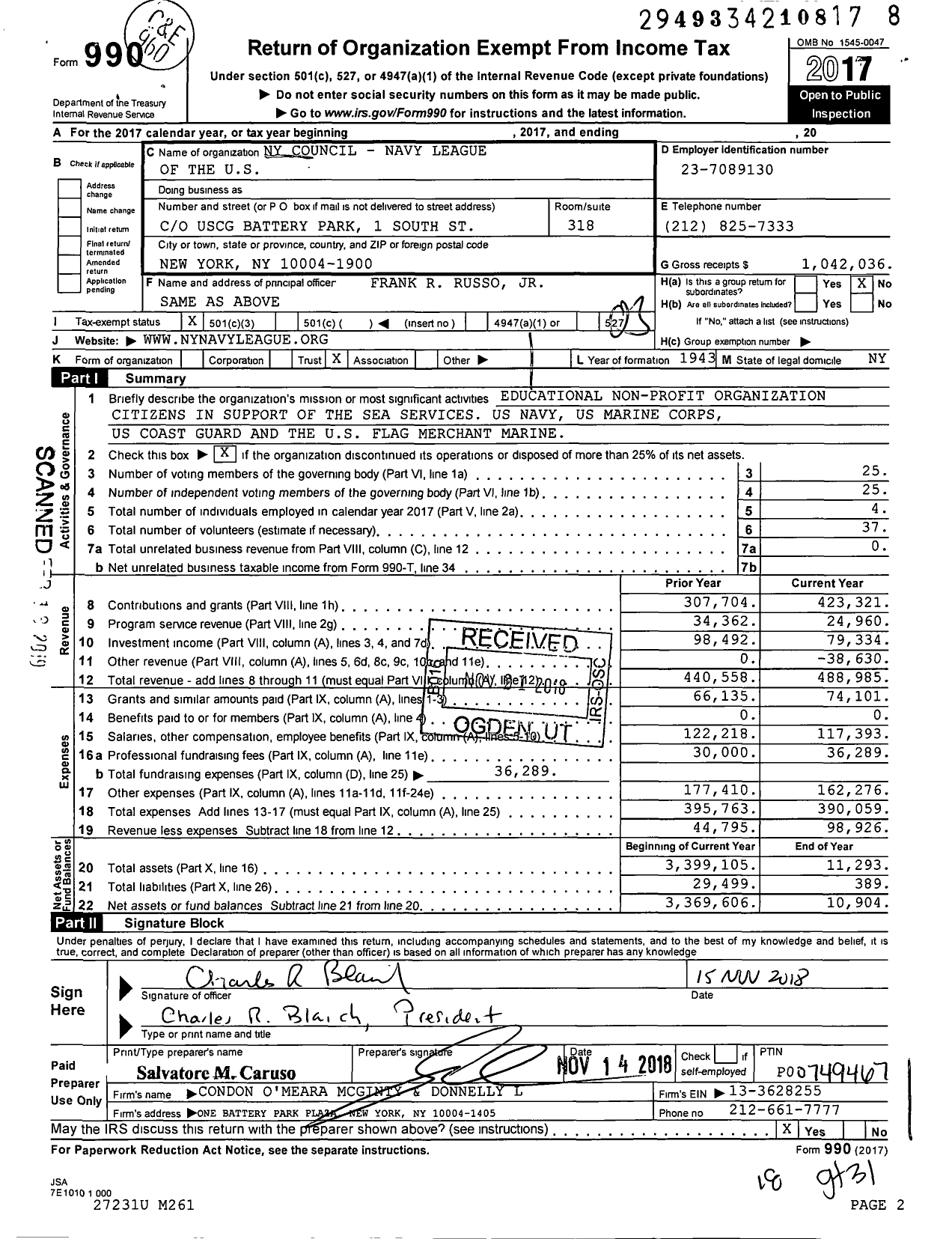 Image of first page of 2017 Form 990 for Ny Council - Navy League of the U S