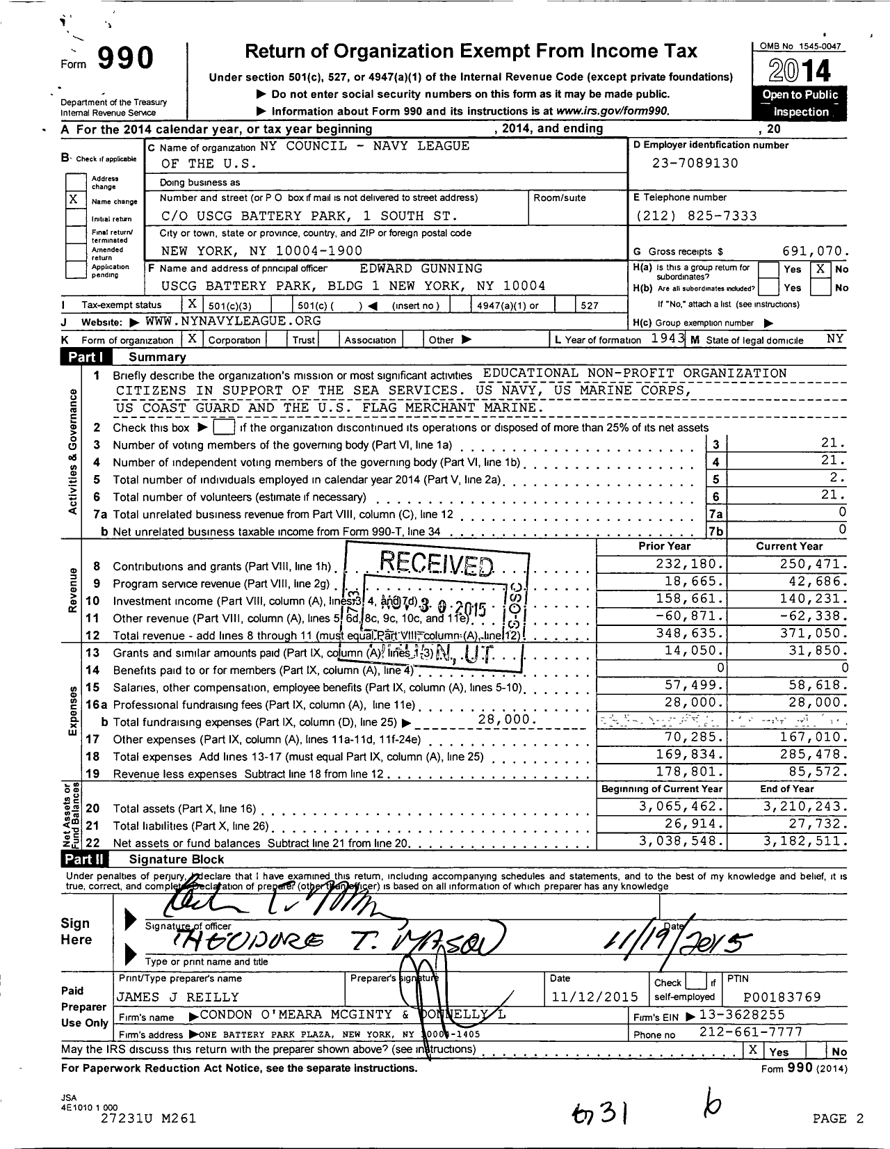 Image of first page of 2014 Form 990 for Ny Council - Navy League of the U S