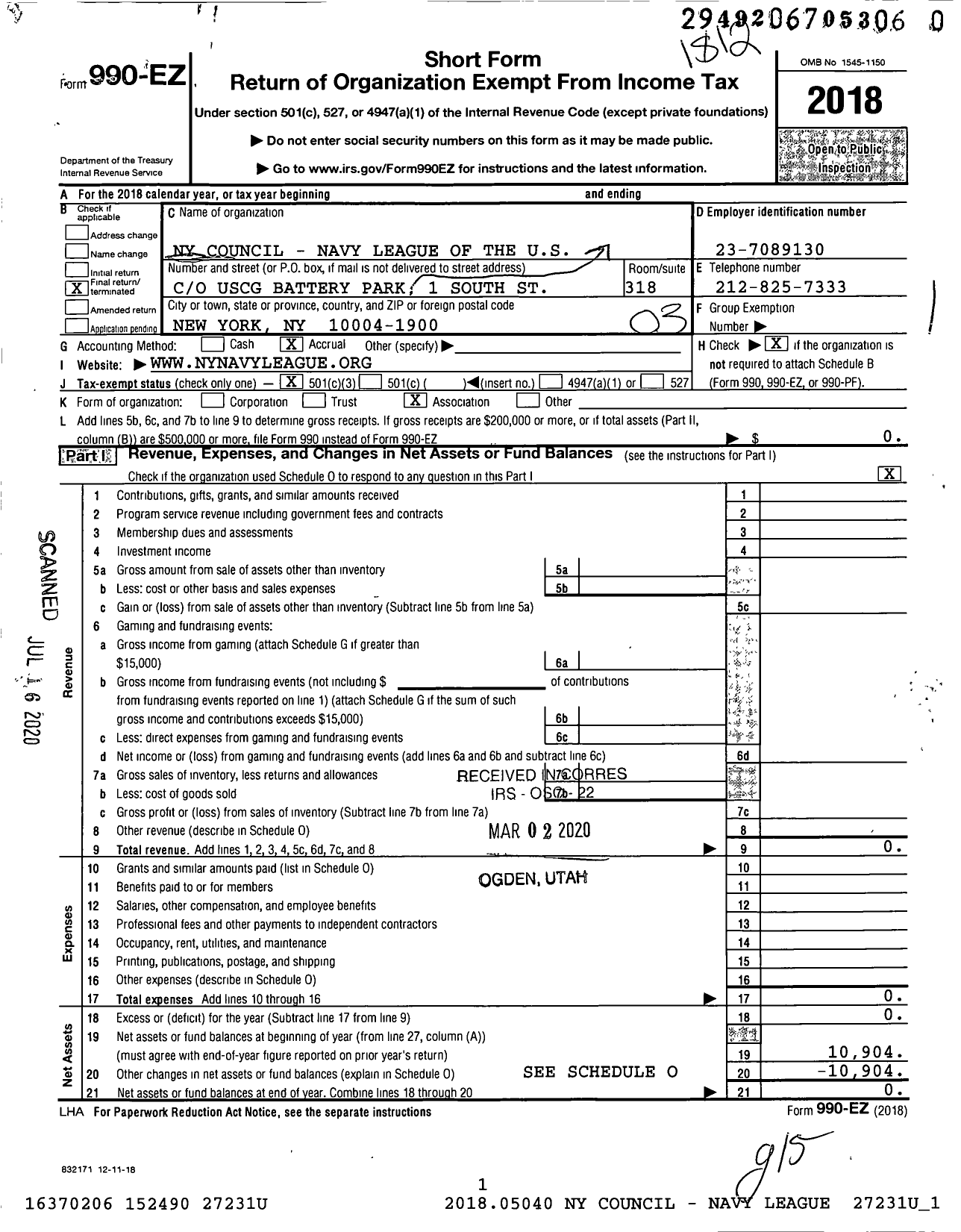 Image of first page of 2018 Form 990EZ for Ny Council - Navy League of the U S