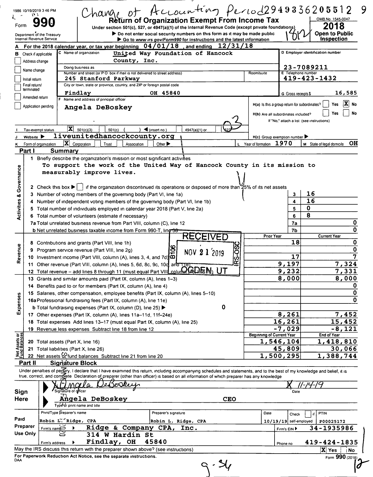 Image of first page of 2018 Form 990 for United Way Foundation of Hancock County