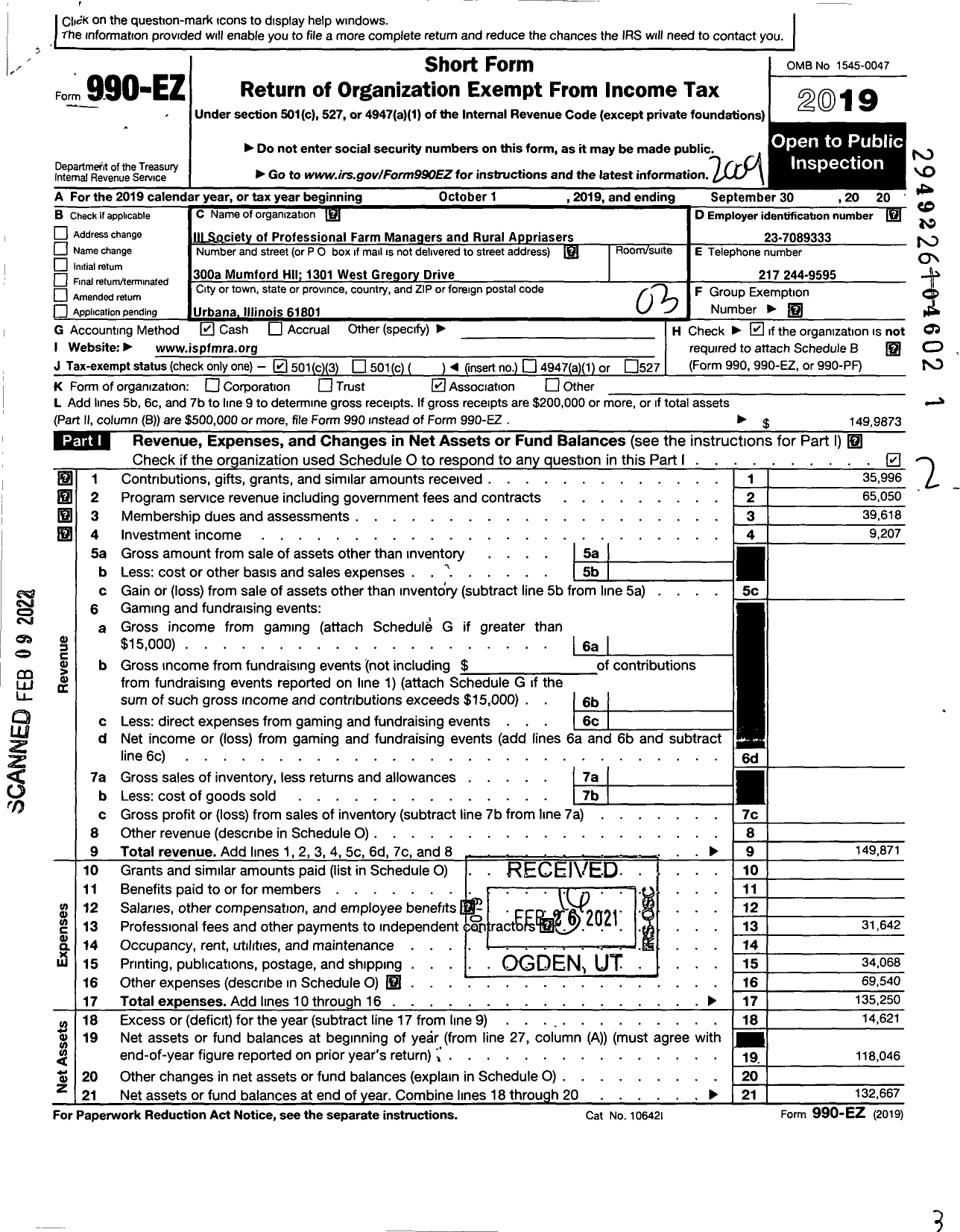 Image of first page of 2019 Form 990EZ for Illinois SOCIETY OF PROFESSIONAL FARM MANAGERS AND RURAL APPRAISERS