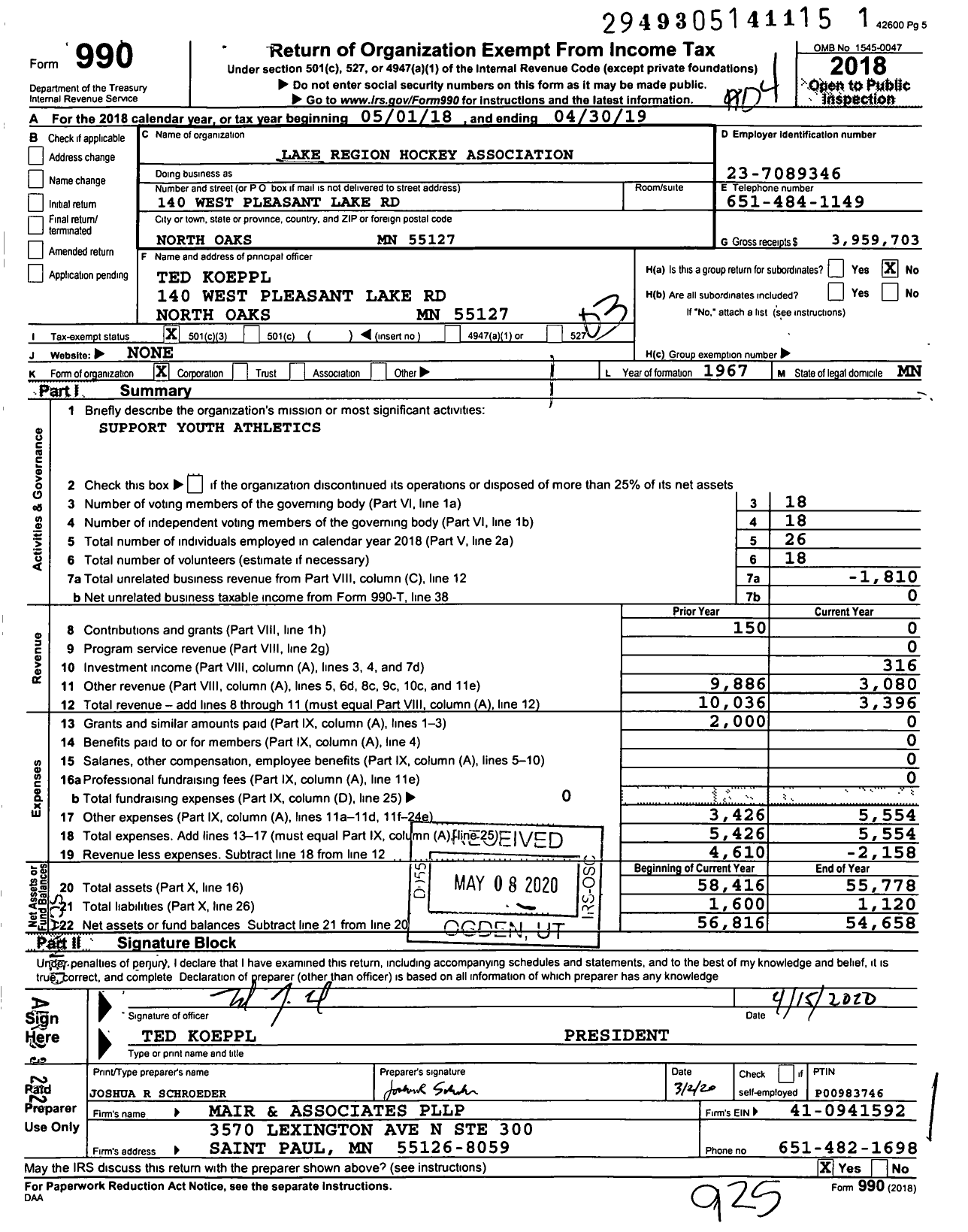 Image of first page of 2018 Form 990 for Lake Region Hockey Association