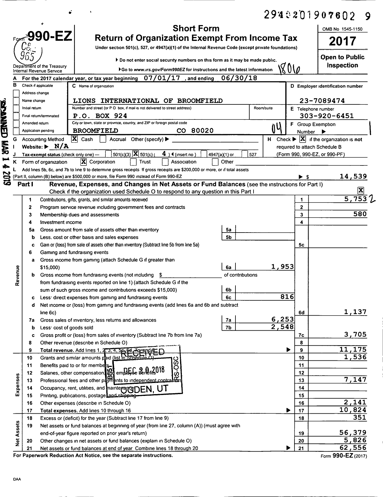 Image of first page of 2017 Form 990EO for Lions Clubs - 3511 Broomfield