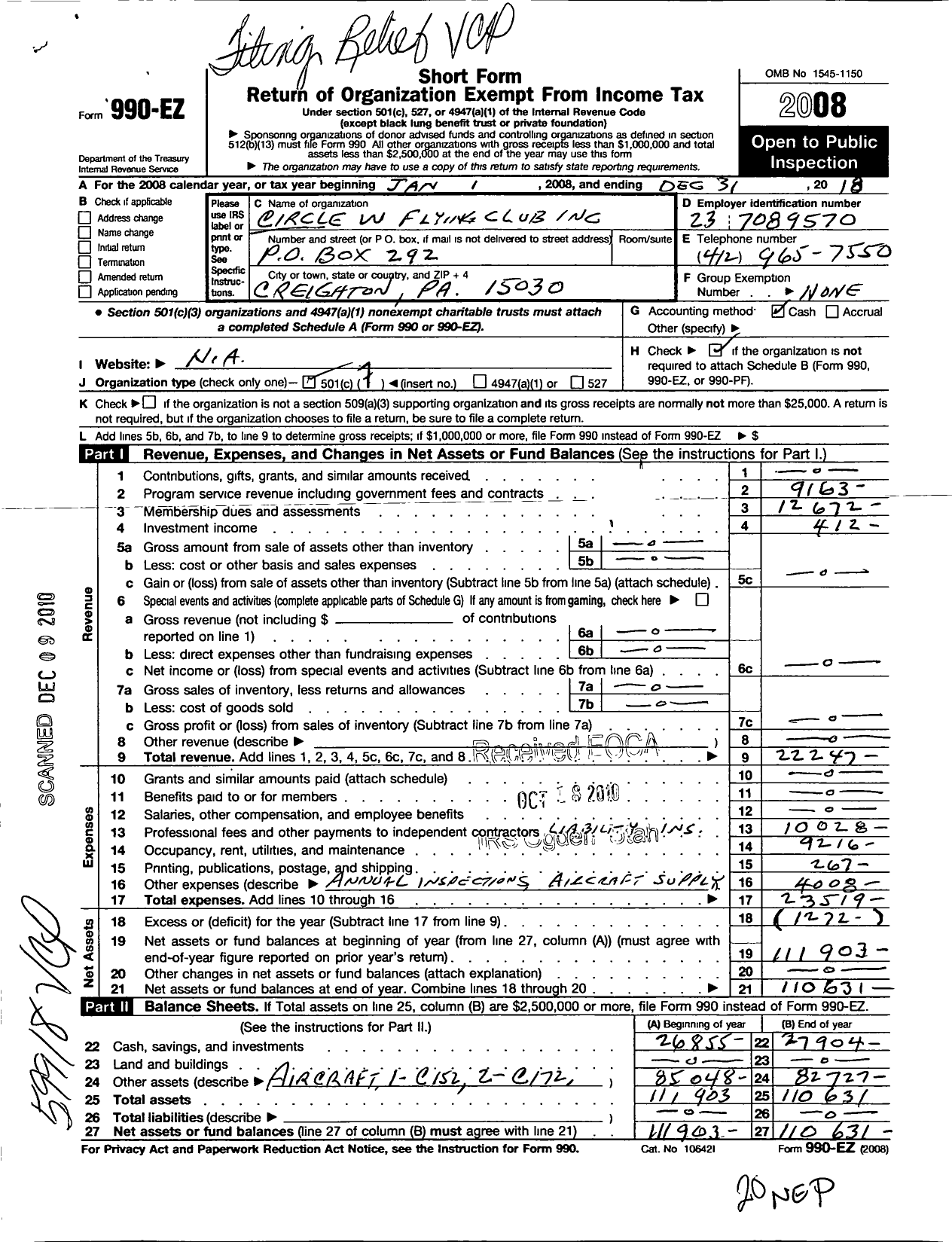 Image of first page of 2010 Form 990EO for Circle W Flying Club