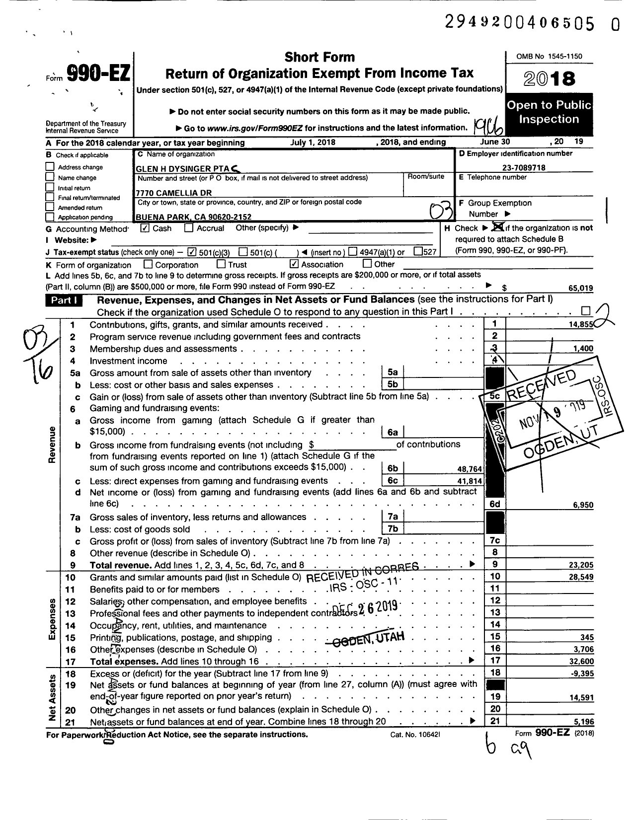 Image of first page of 2018 Form 990EZ for California State PTA - Glen H Dysinger SR Elementary PTA