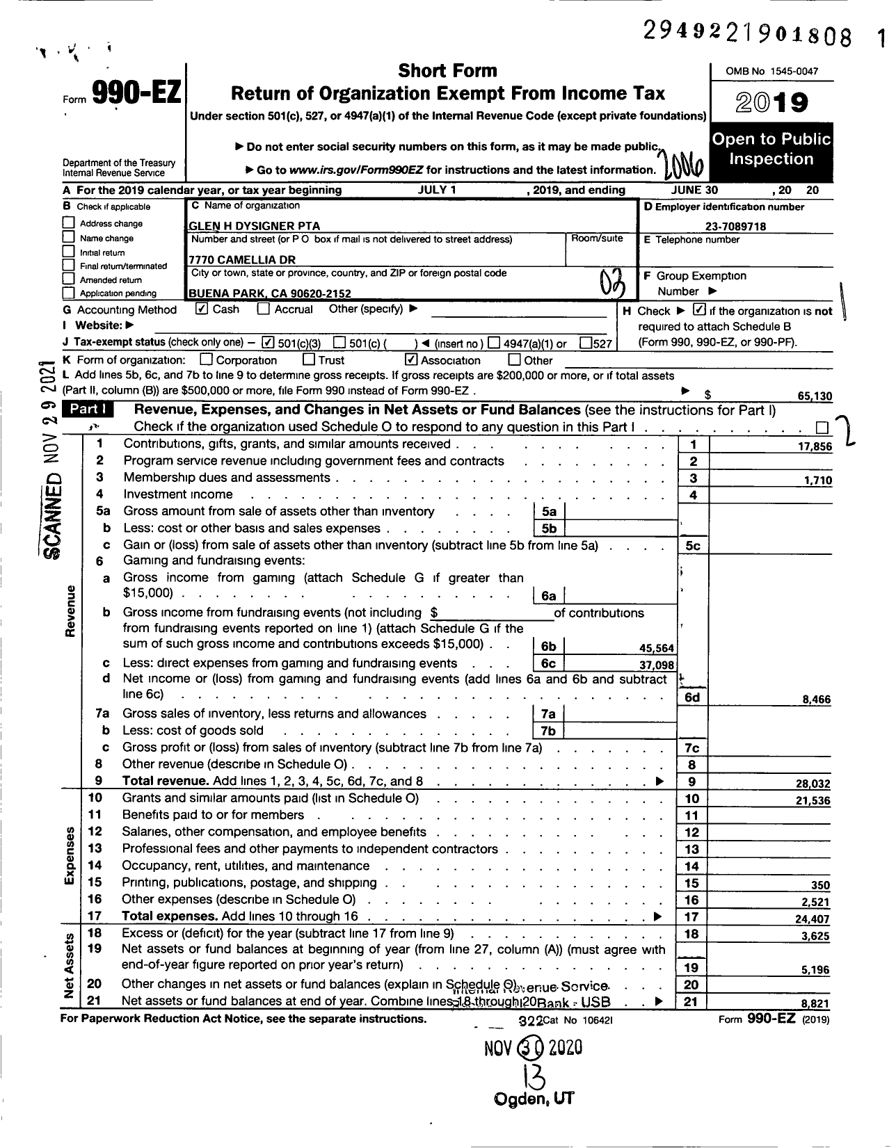 Image of first page of 2019 Form 990EZ for California State PTA - Glen H Dysinger SR Elementary PTA