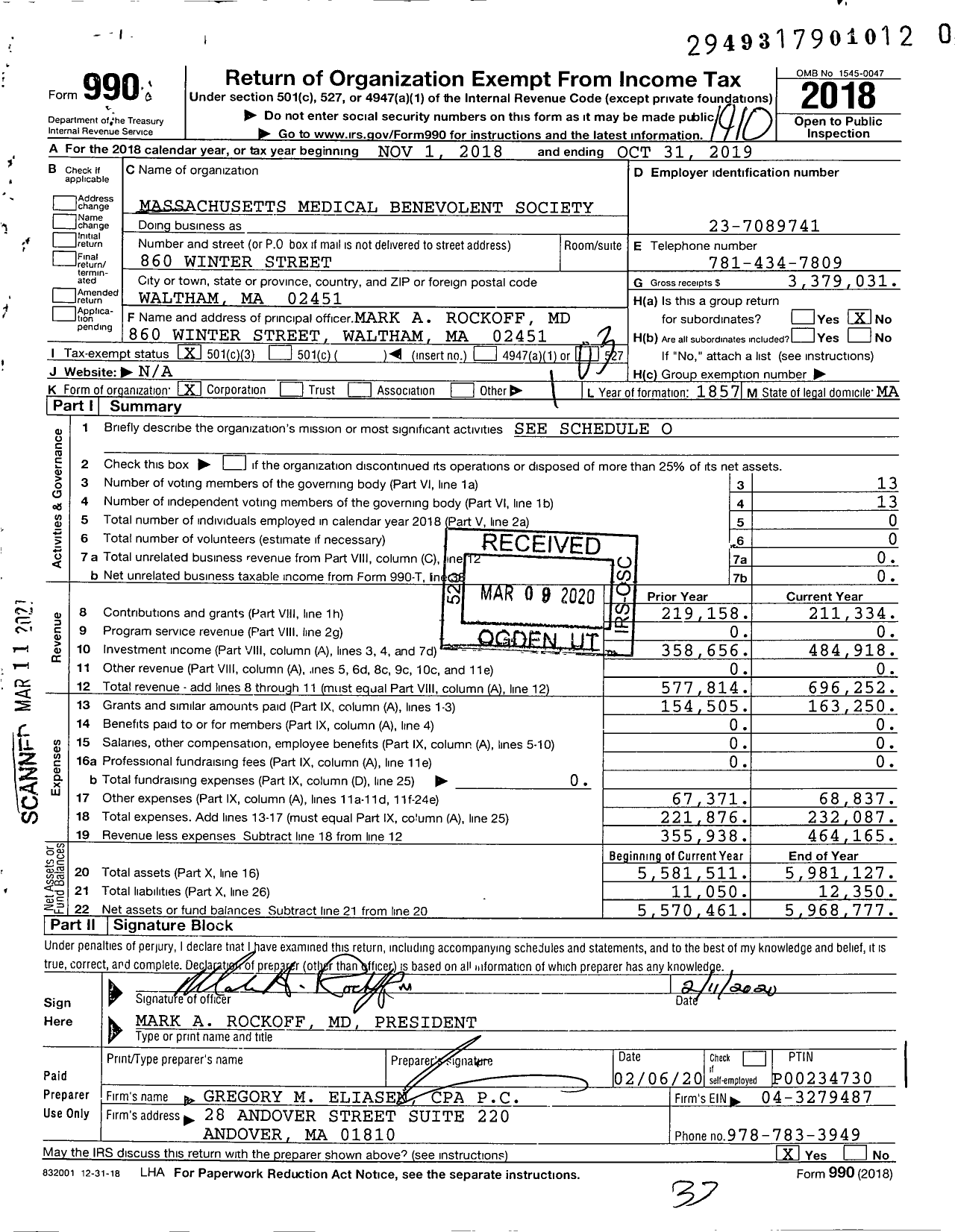 Image of first page of 2018 Form 990 for Massachusetts Medical Benevolent Society