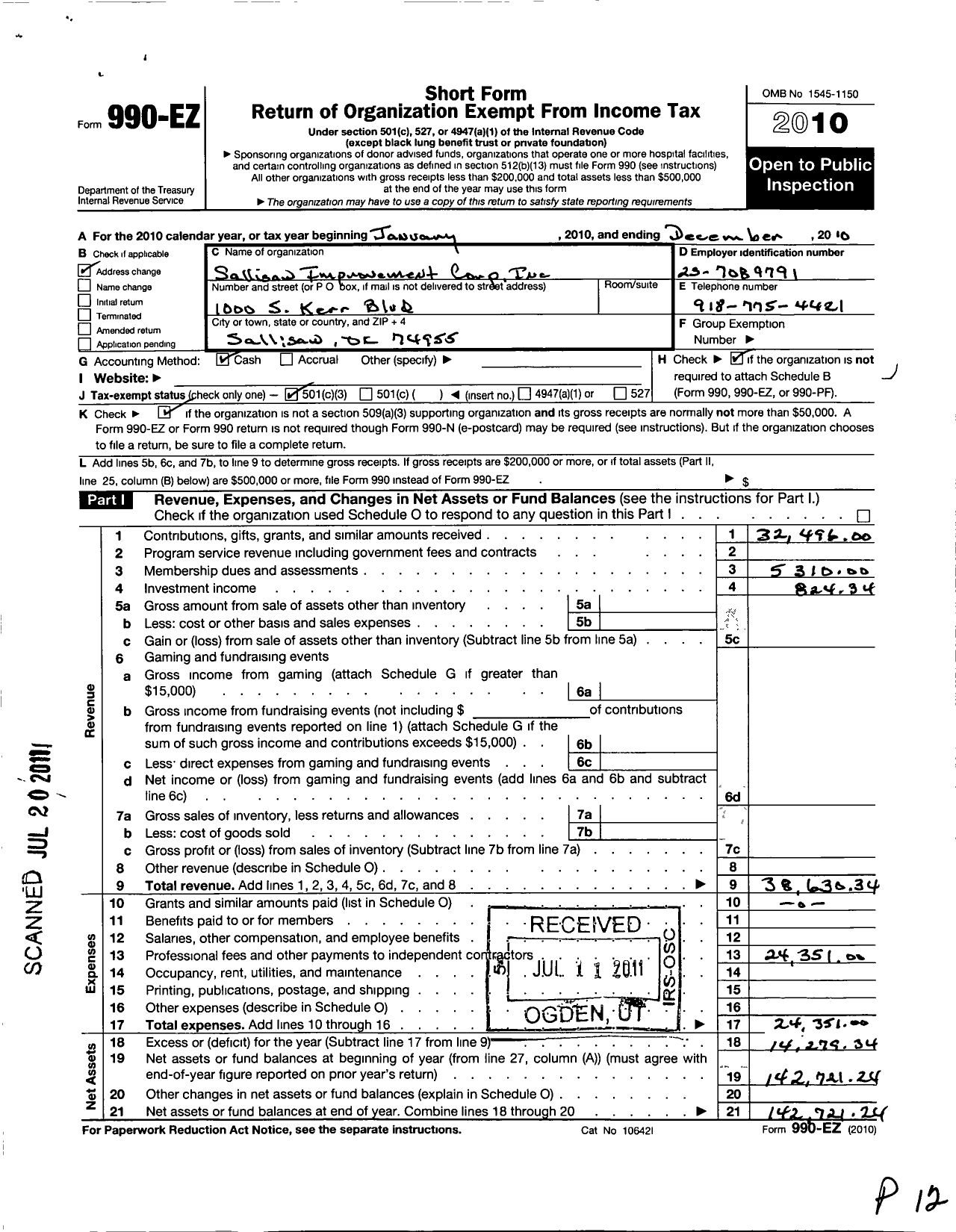 Image of first page of 2010 Form 990EZ for Sallisaw Improvement Corporation