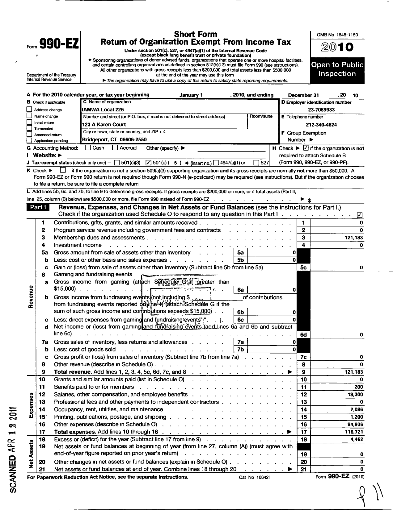 Image of first page of 2010 Form 990EO for International Association of Machinists and Aerospace Workers - 226 Lodge