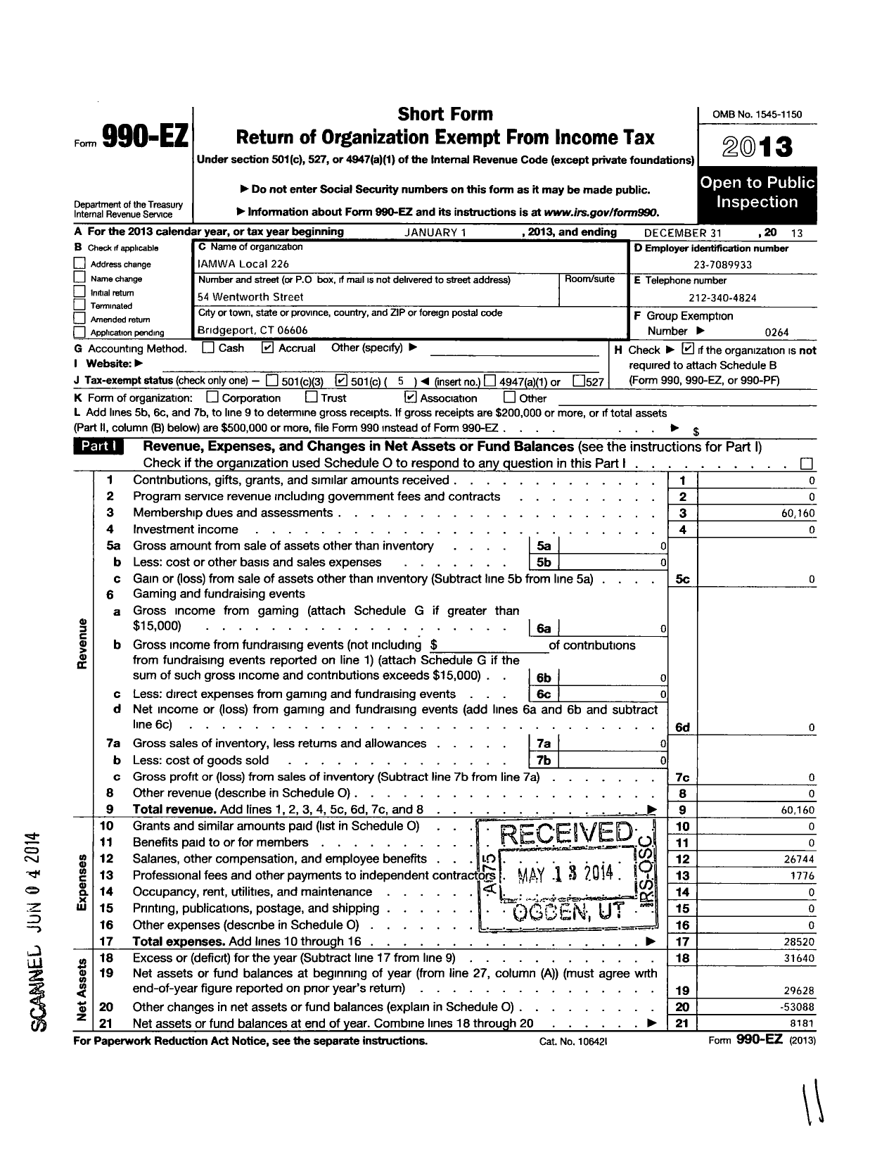 Image of first page of 2013 Form 990EO for International Association of Machinists and Aerospace Workers - 226 Lodge