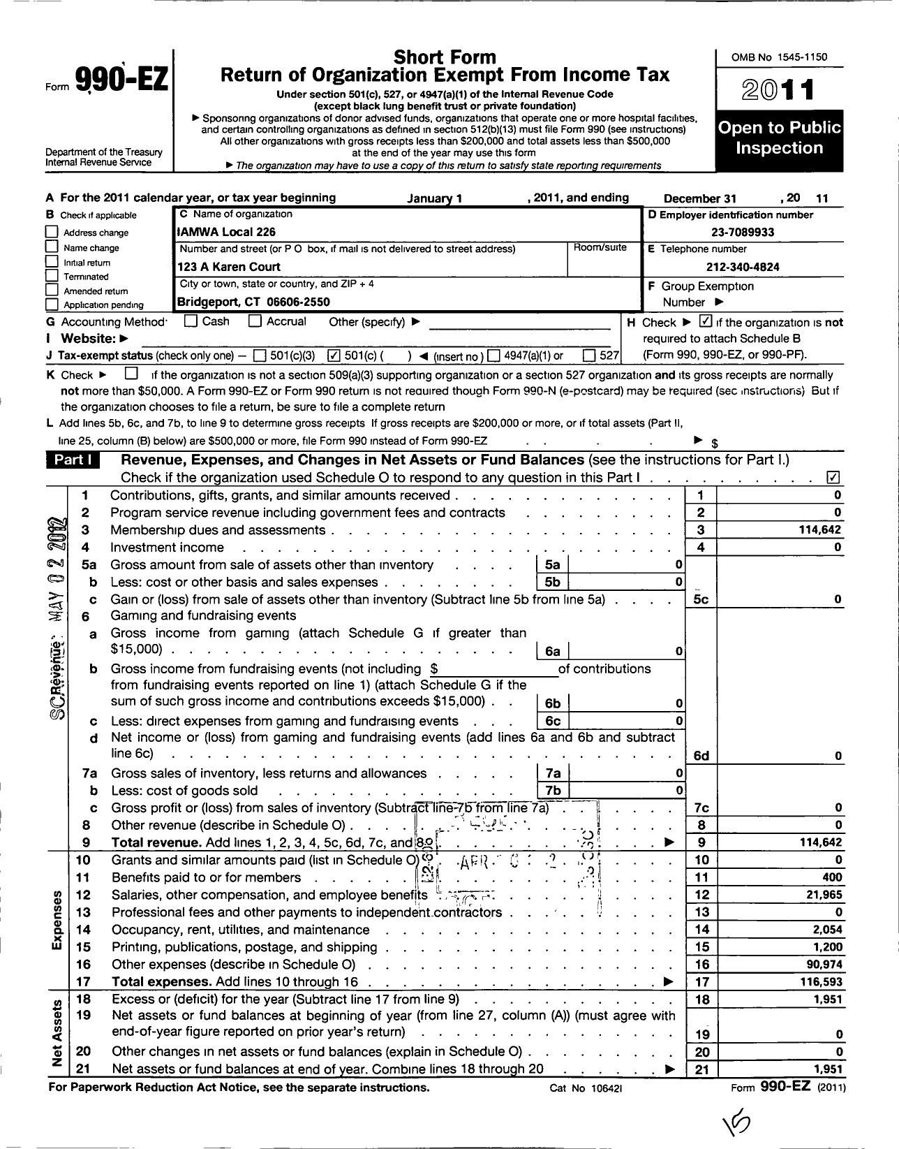 Image of first page of 2011 Form 990EO for International Association of Machinists and Aerospace Workers - 226 Lodge