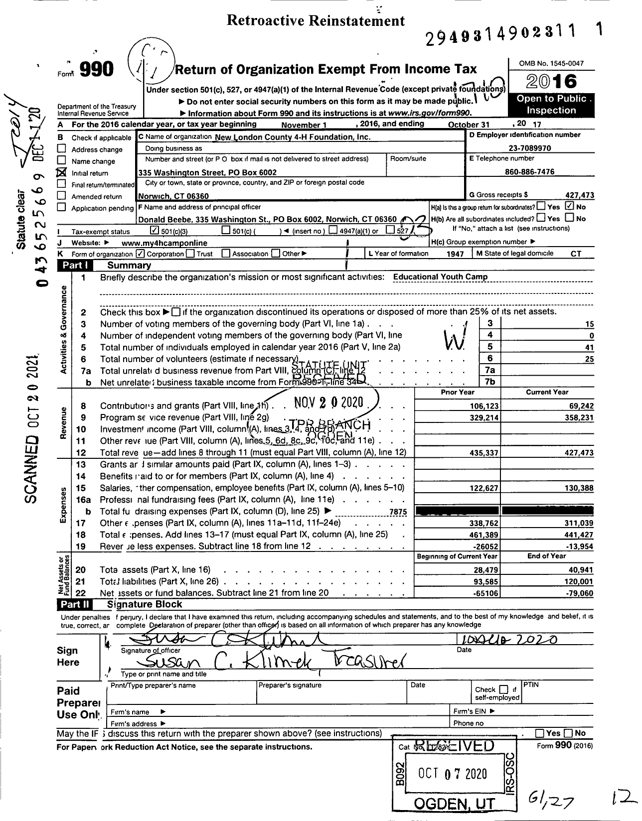 Image of first page of 2016 Form 990 for New London County 4-H Foundation