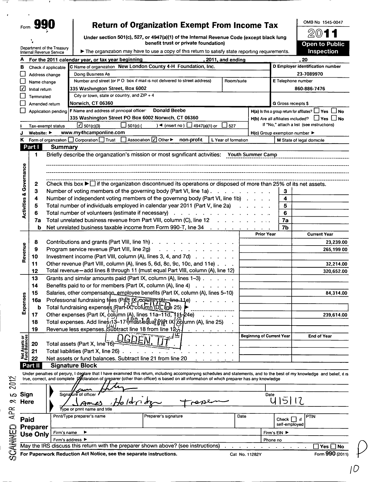 Image of first page of 2011 Form 990 for New London County 4-H Foundation