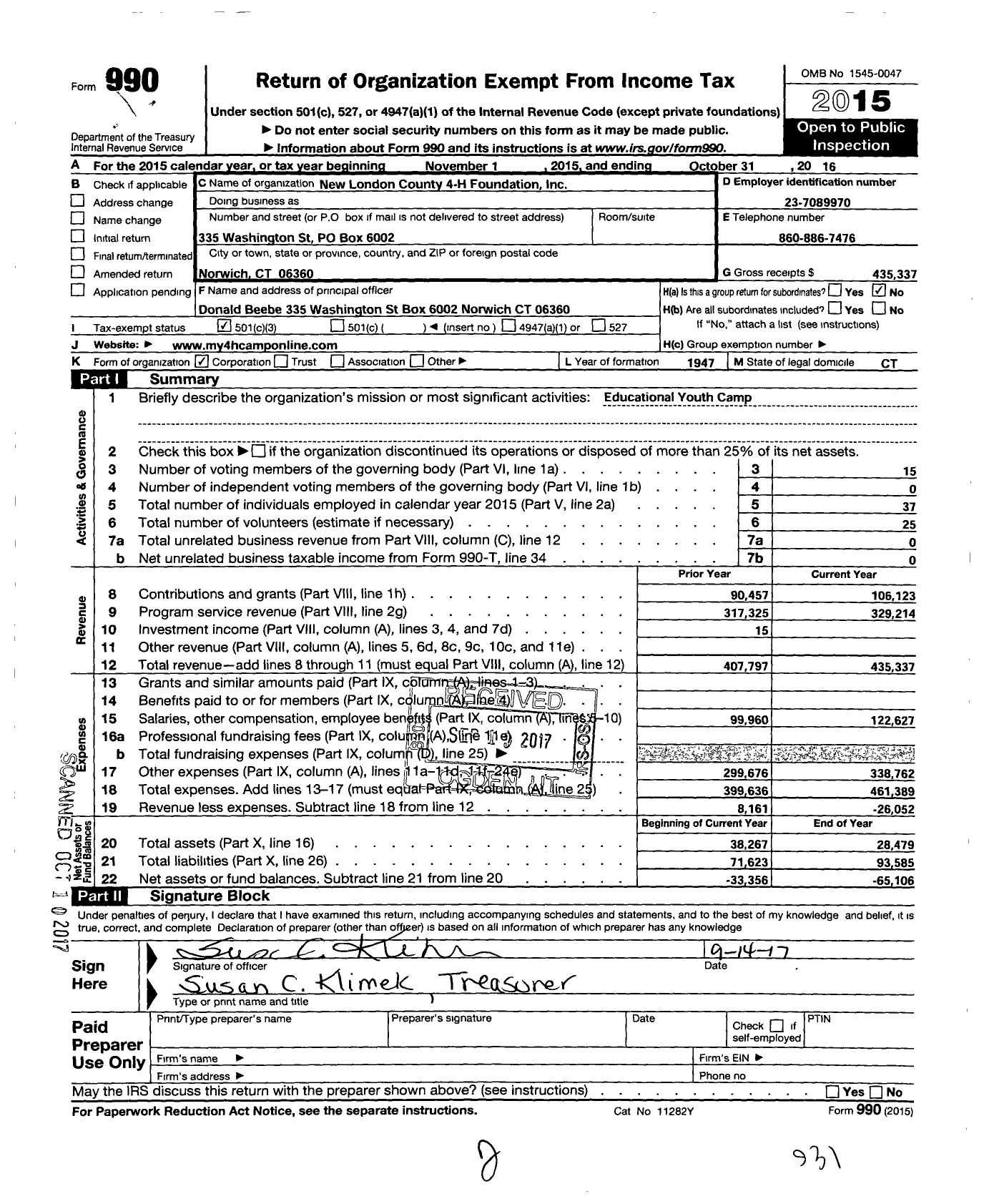 Image of first page of 2015 Form 990 for New London County 4-H Foundation