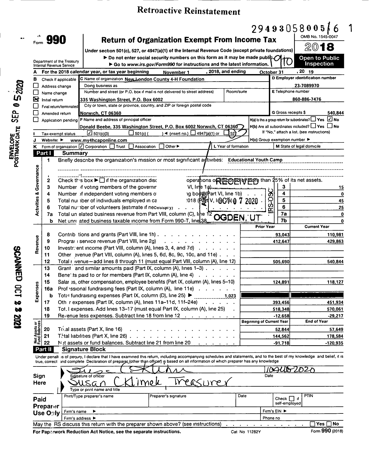 Image of first page of 2018 Form 990 for New London County 4-H Foundation