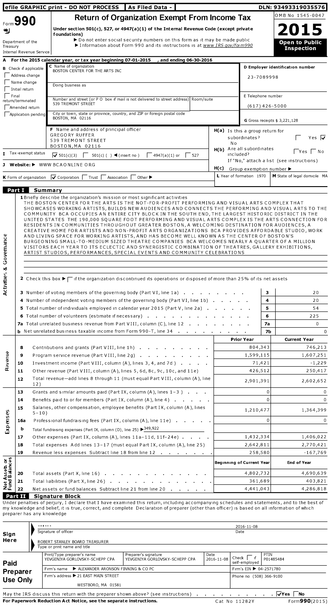 Image of first page of 2015 Form 990 for Boston Center for the Arts (BCA)