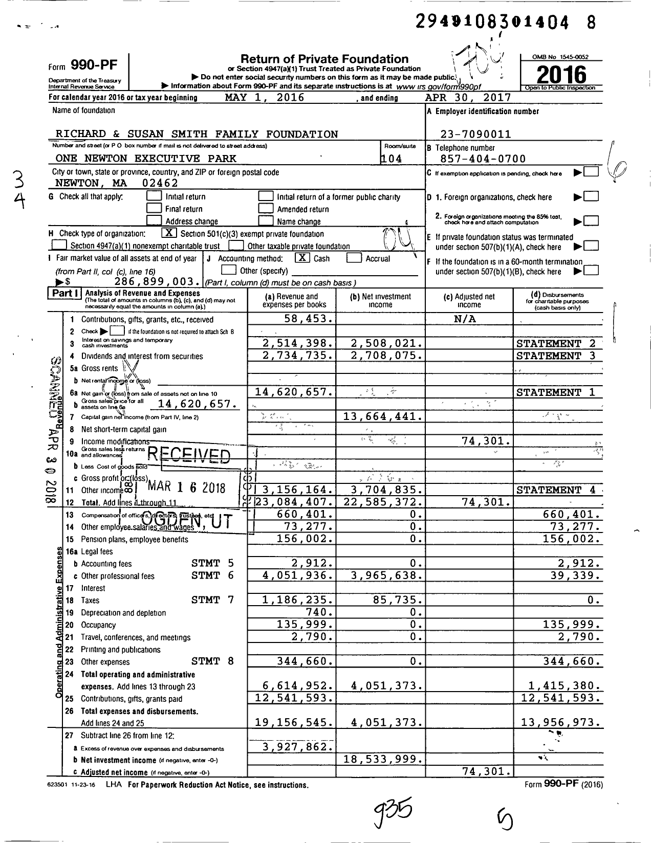 Image of first page of 2016 Form 990PF for Richard and Susan Smith Family Foundation