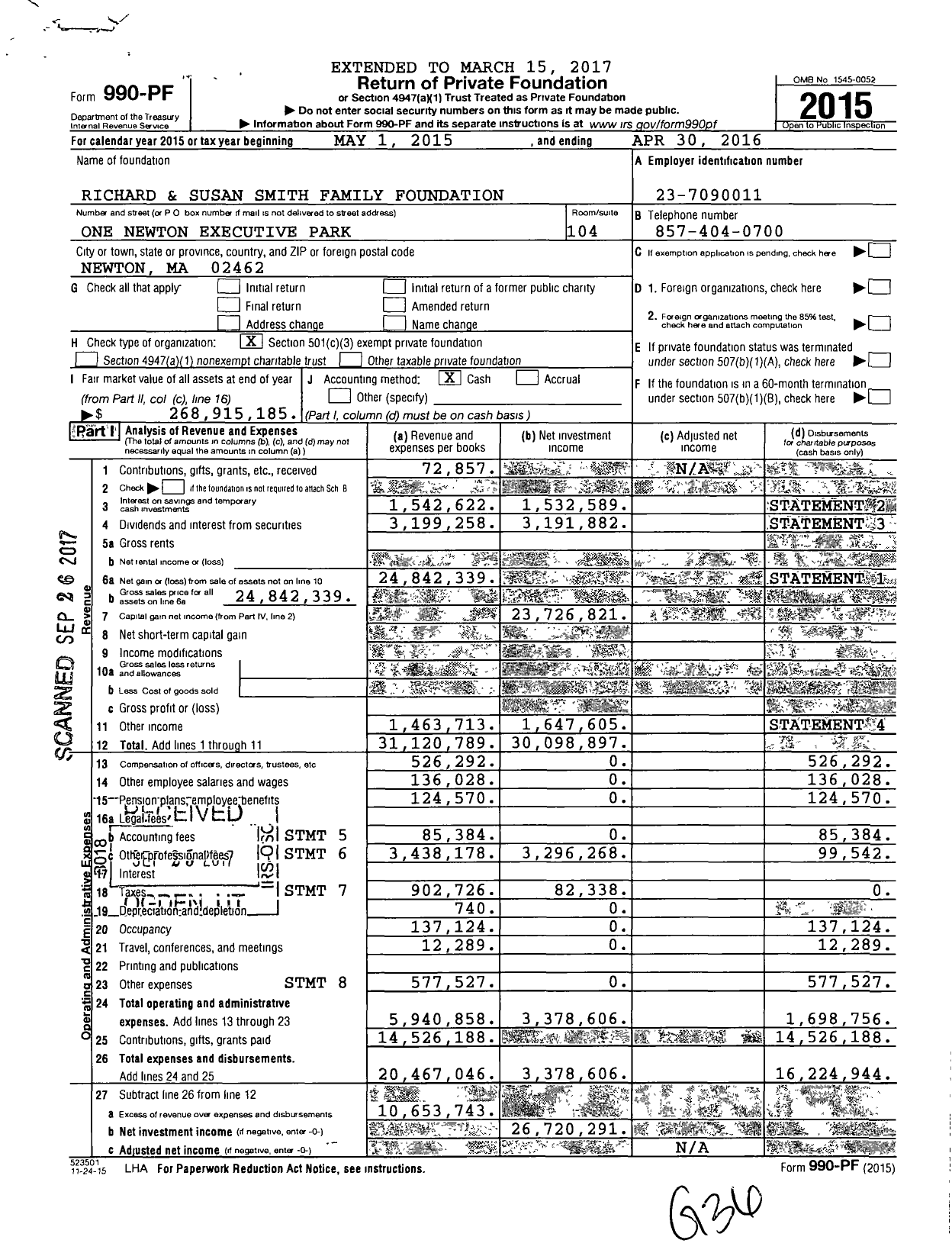 Image of first page of 2015 Form 990PF for Richard and Susan Smith Family Foundation