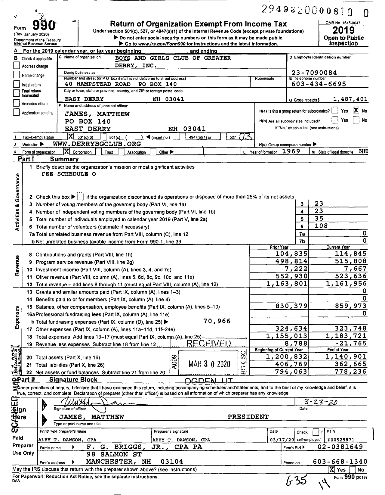 Image of first page of 2019 Form 990 for Boys and Girls Club of Greater Derry