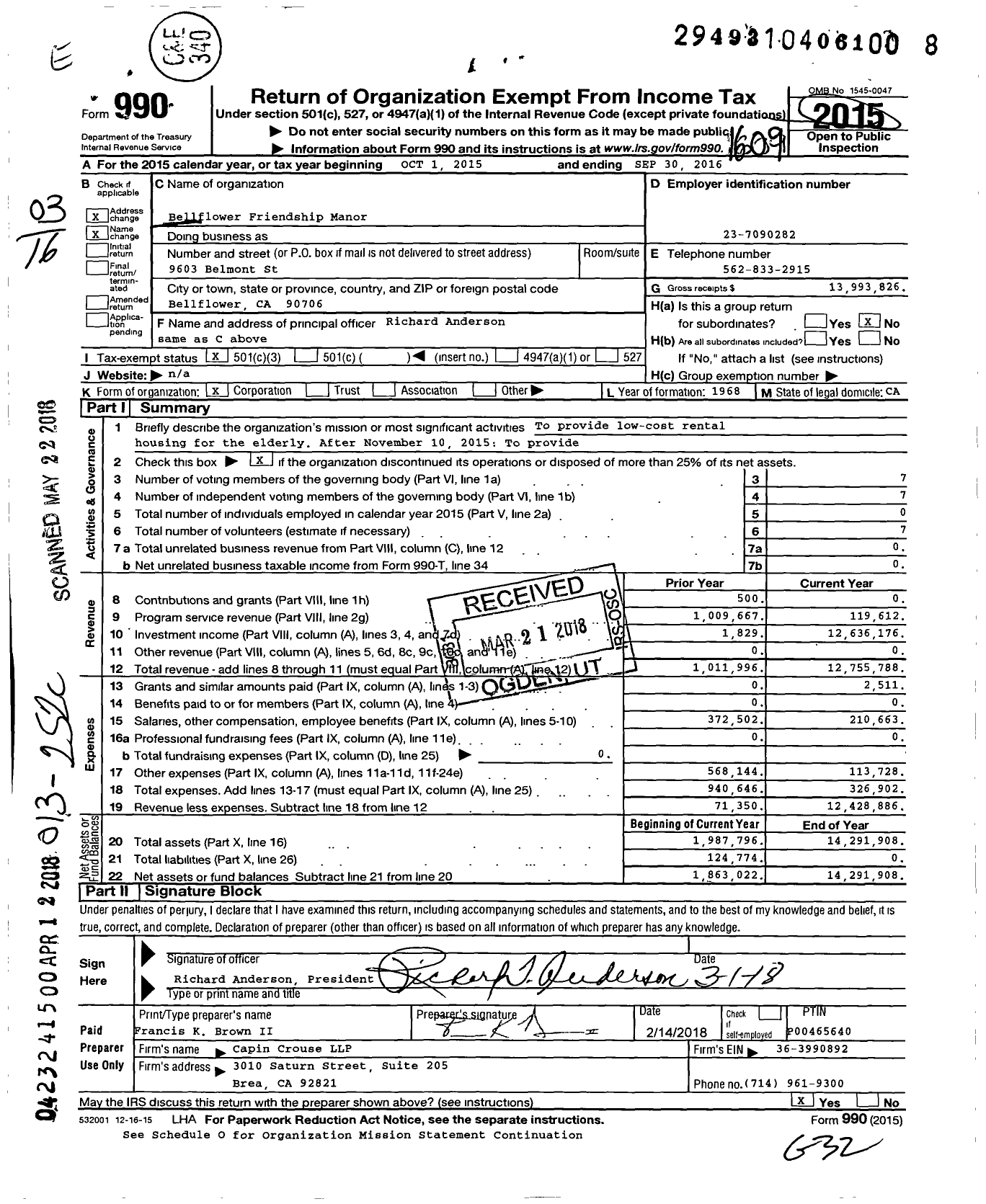 Image of first page of 2015 Form 990 for Bell Flower Friendship Manor