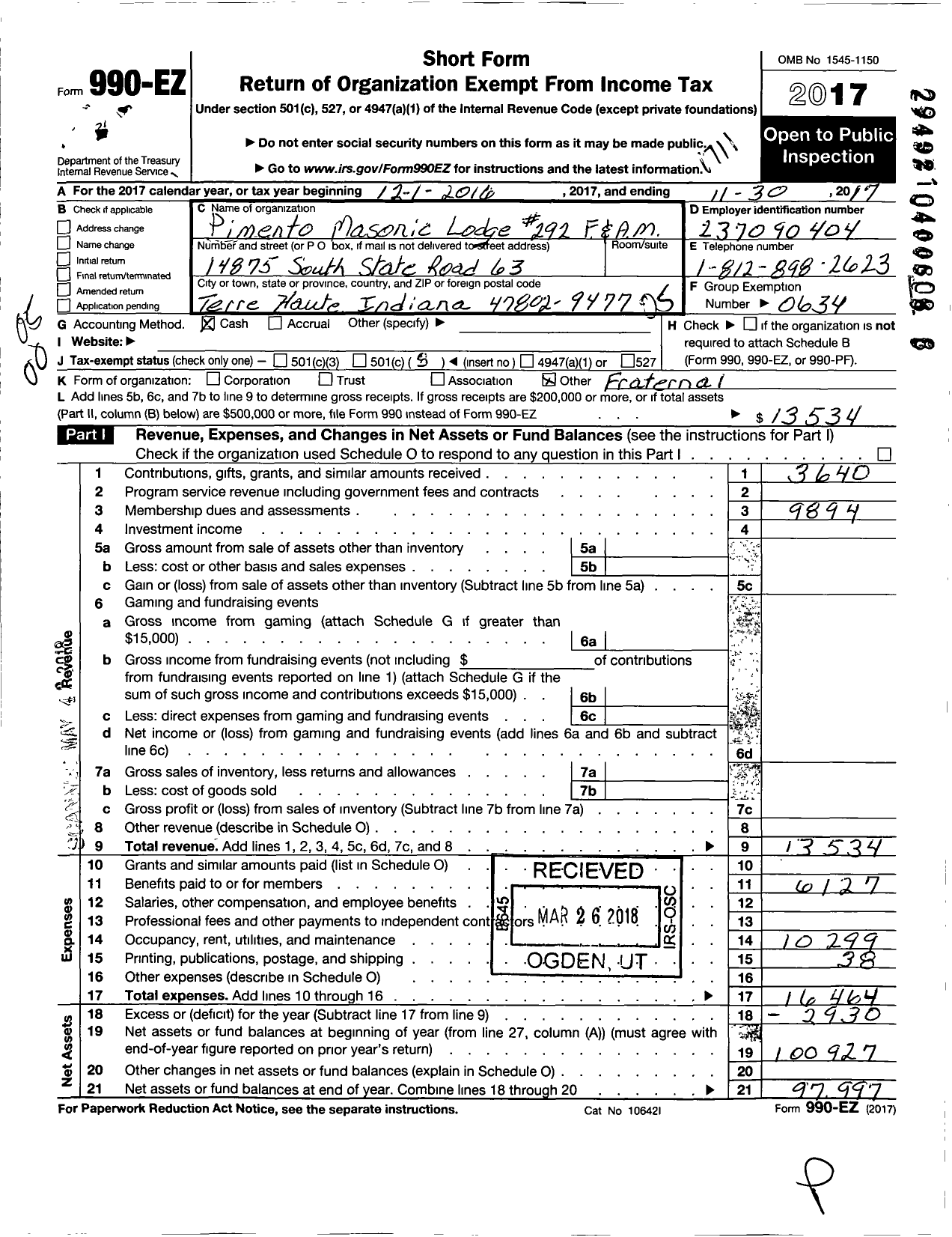 Image of first page of 2016 Form 990EO for Free & Accepted Masons of Indiana - 292 Pimento Masonic Lodge