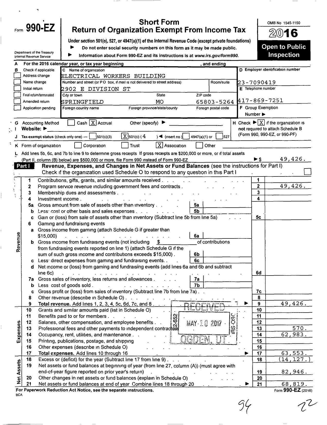 Image of first page of 2016 Form 990EO for Electrical Workers Building Association