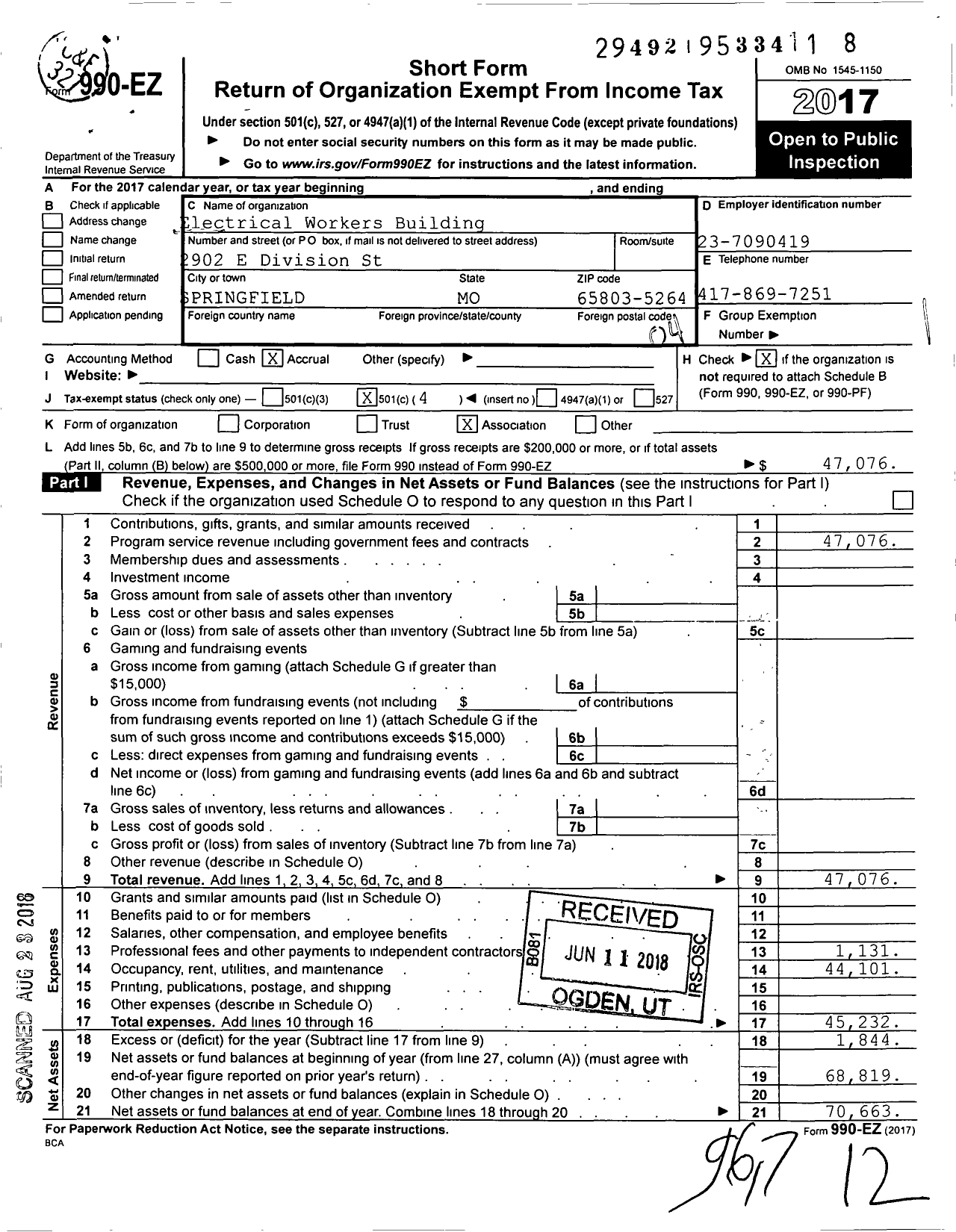 Image of first page of 2017 Form 990EO for Electrical Workers Building Association