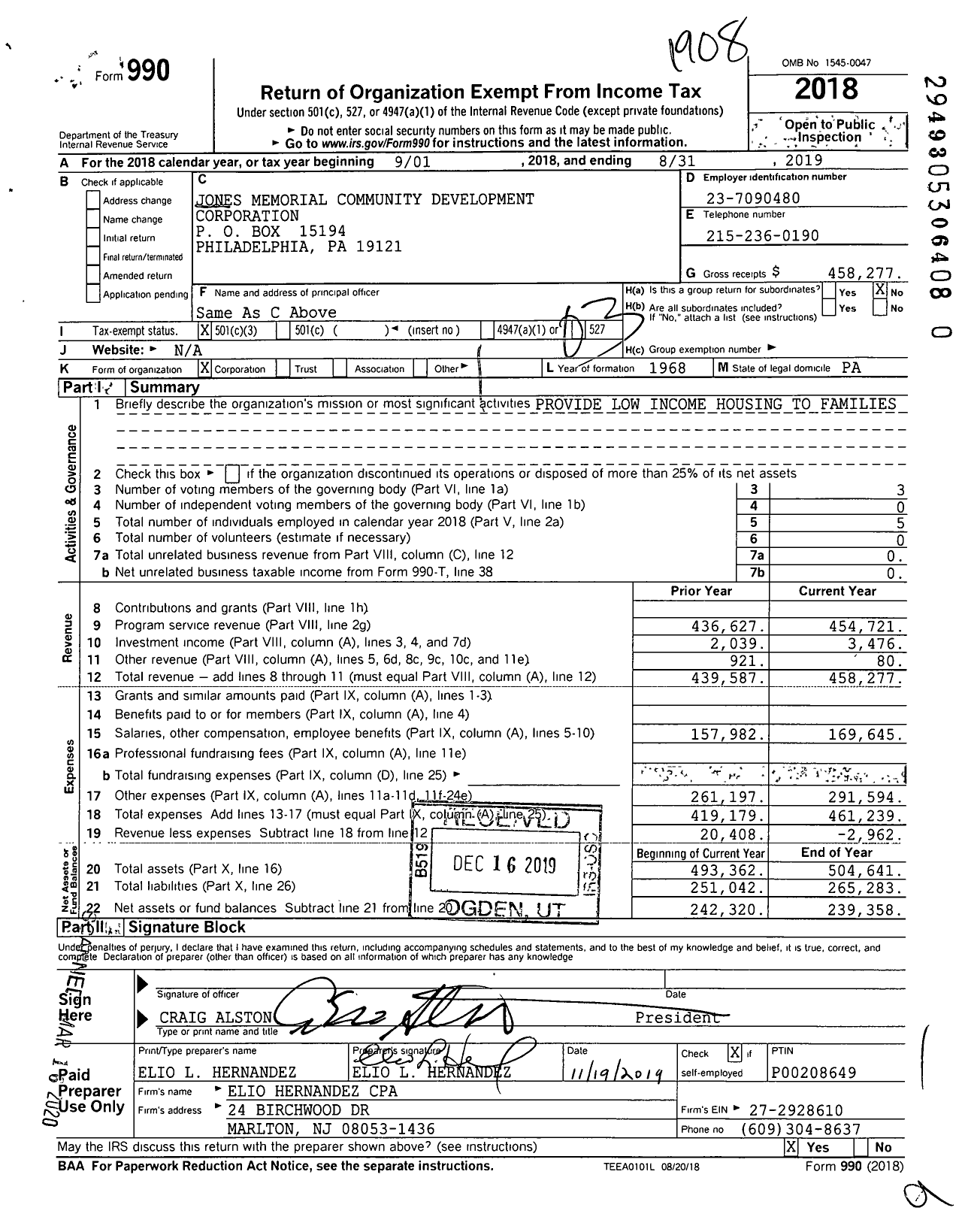 Image of first page of 2018 Form 990 for Jones Memorial Community Development Corporation