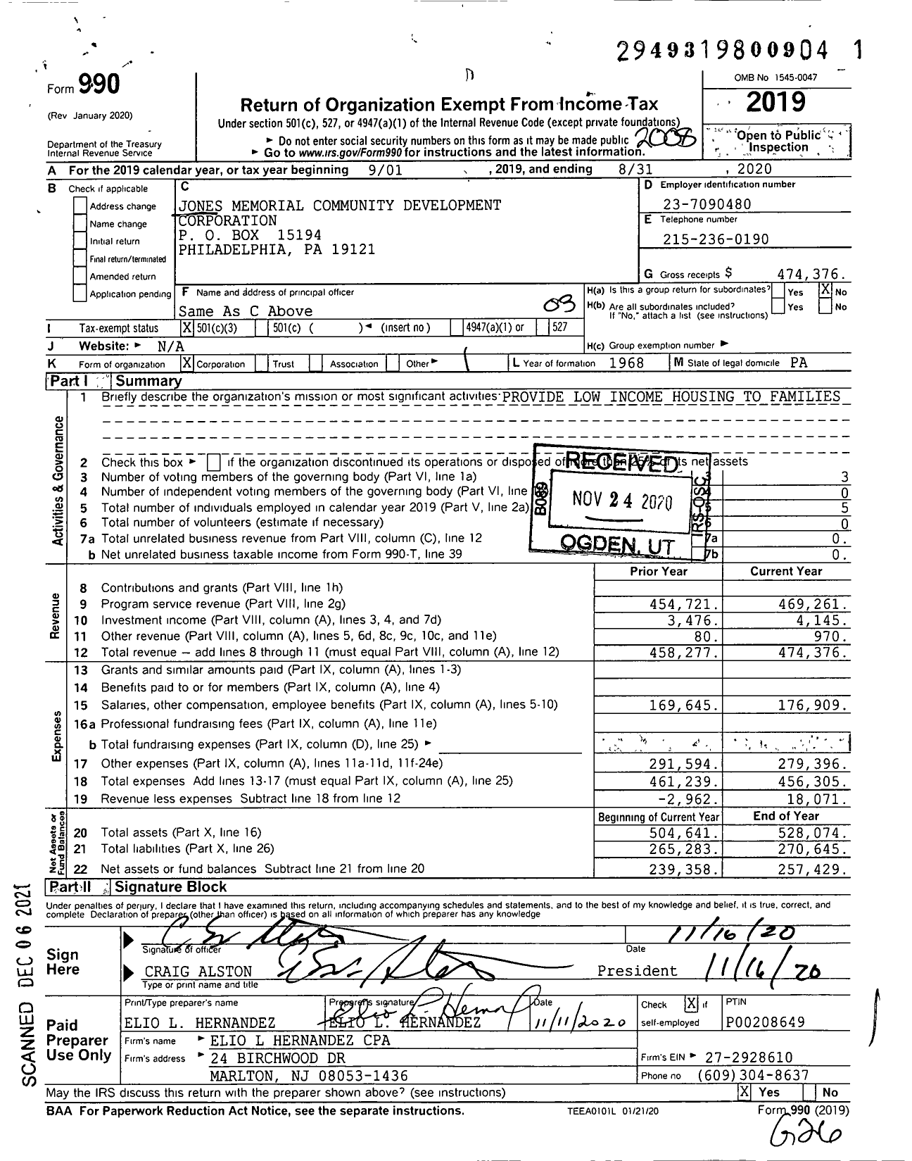 Image of first page of 2019 Form 990 for Jones Memorial Community Development Corporation