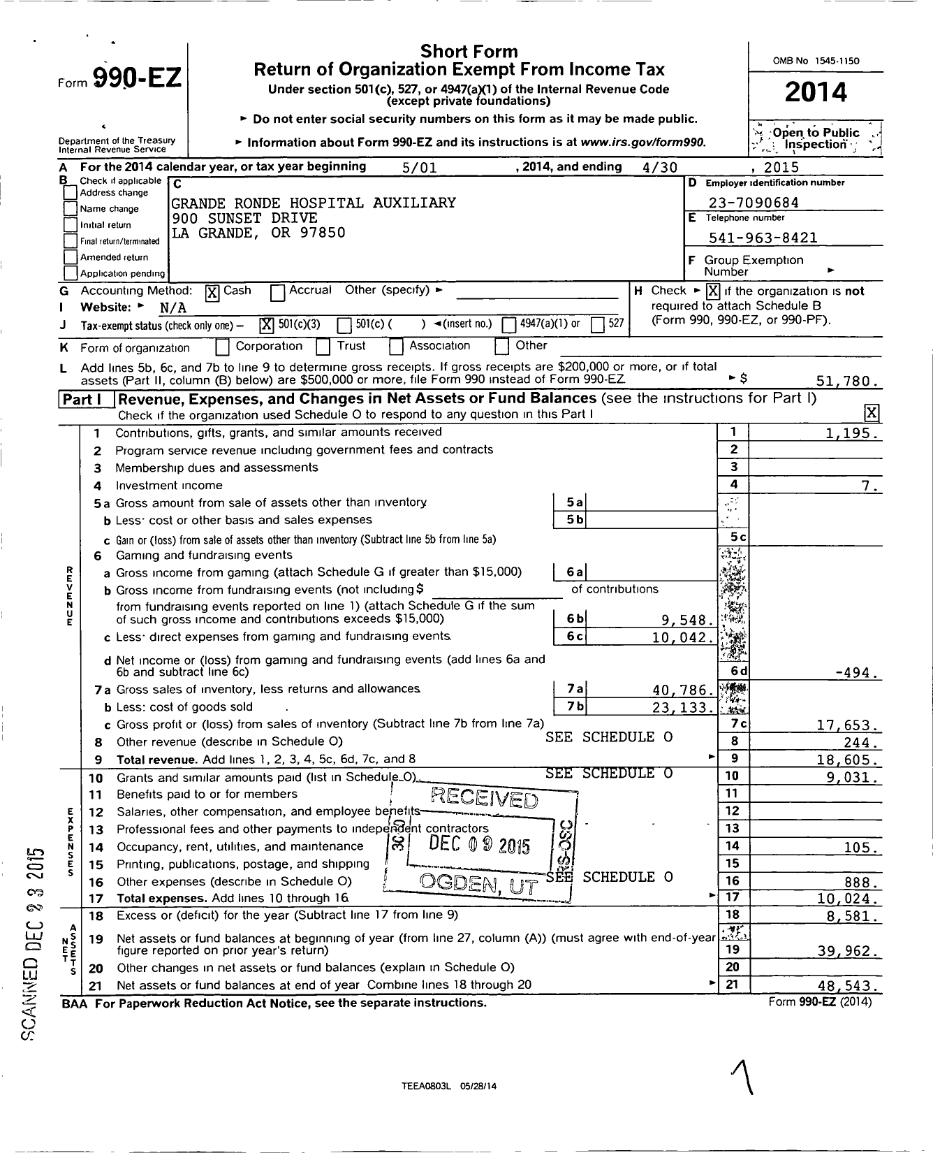 Image of first page of 2014 Form 990EZ for Grande Ronde Hospital Auxiliary
