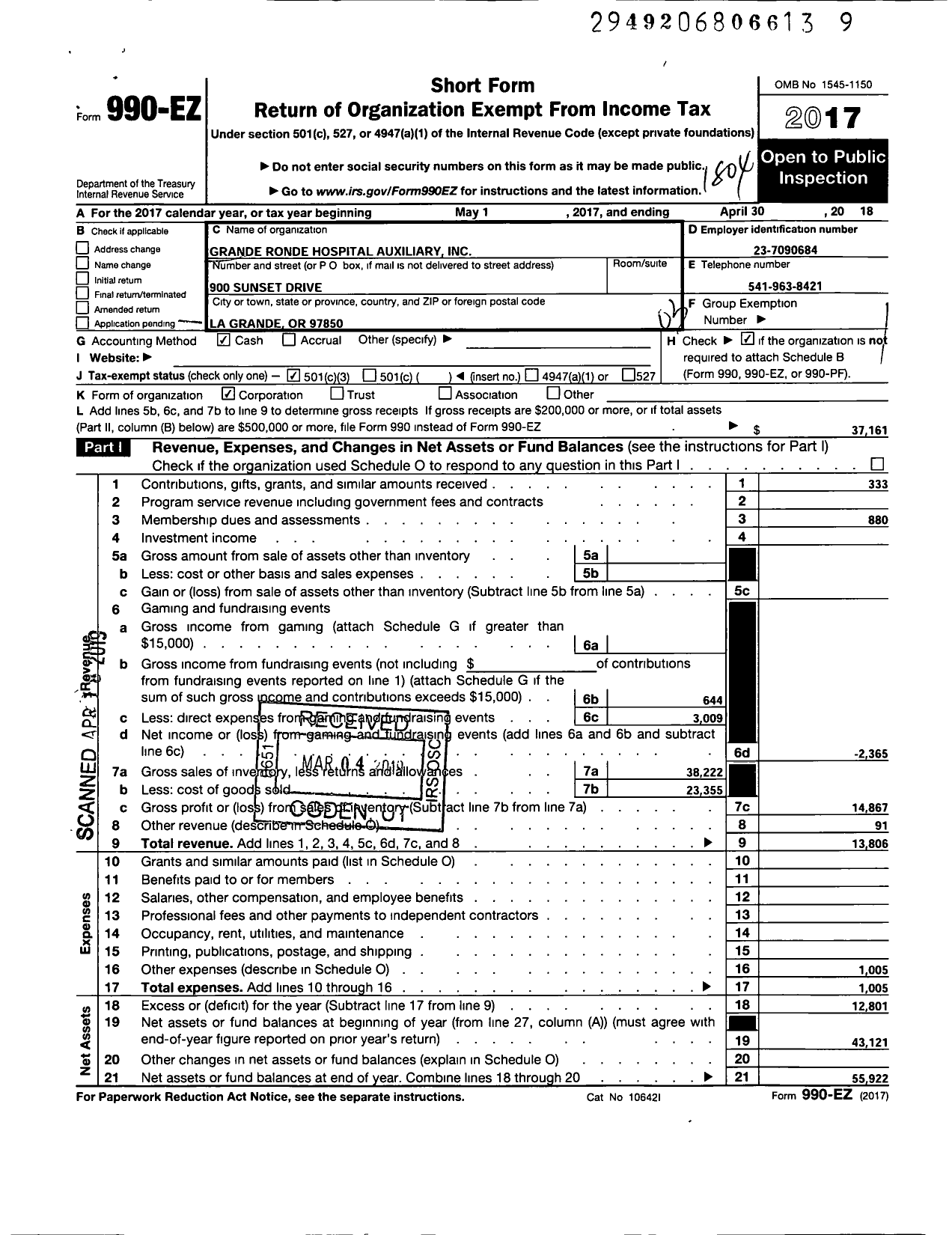 Image of first page of 2017 Form 990EZ for Grande Ronde Hospital Auxiliary