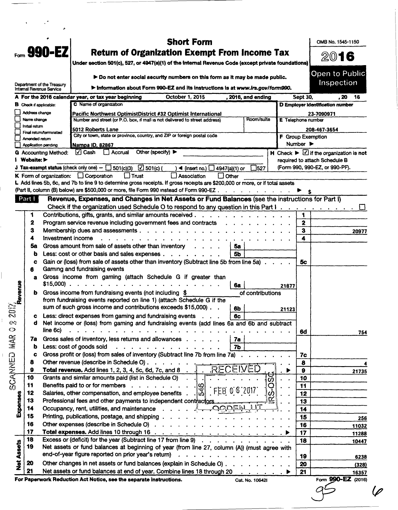 Image of first page of 2015 Form 990EO for Optimist International / 32999 Pacific Northwest District