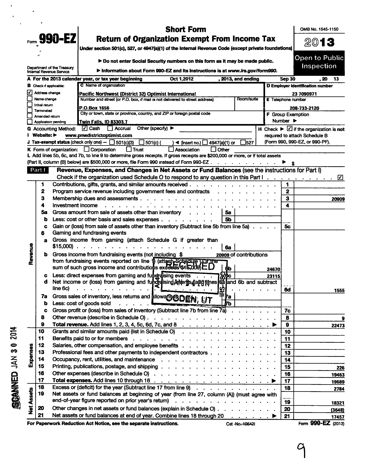 Image of first page of 2012 Form 990EO for Optimist International / 32999 Pacific Northwest District