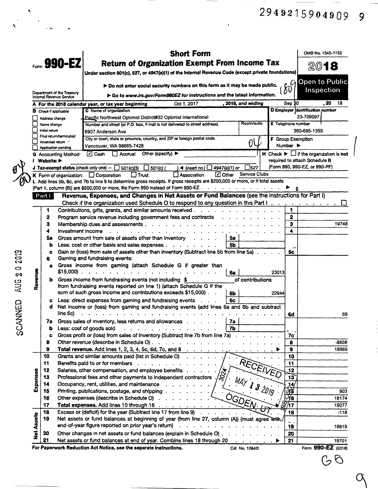 Image of first page of 2017 Form 990EO for Optimist International / 32999 Pacific Northwest District