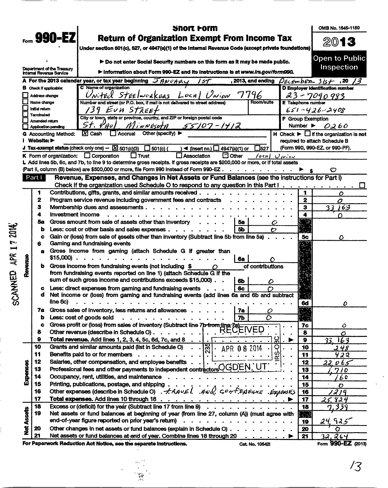 Image of first page of 2013 Form 990EZ for United Steelworkers - 07796 Local