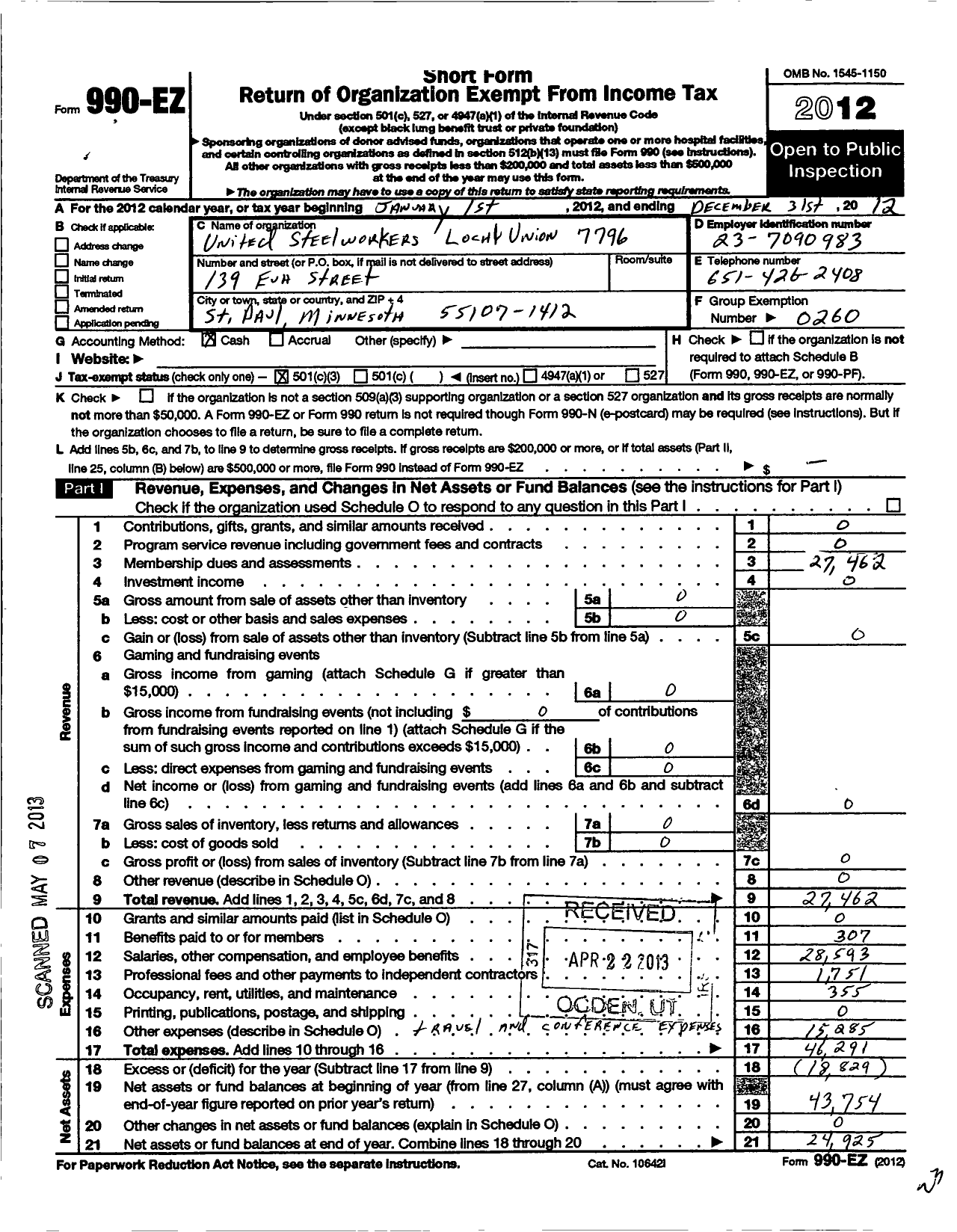 Image of first page of 2012 Form 990EZ for United Steelworkers - 07796 Local