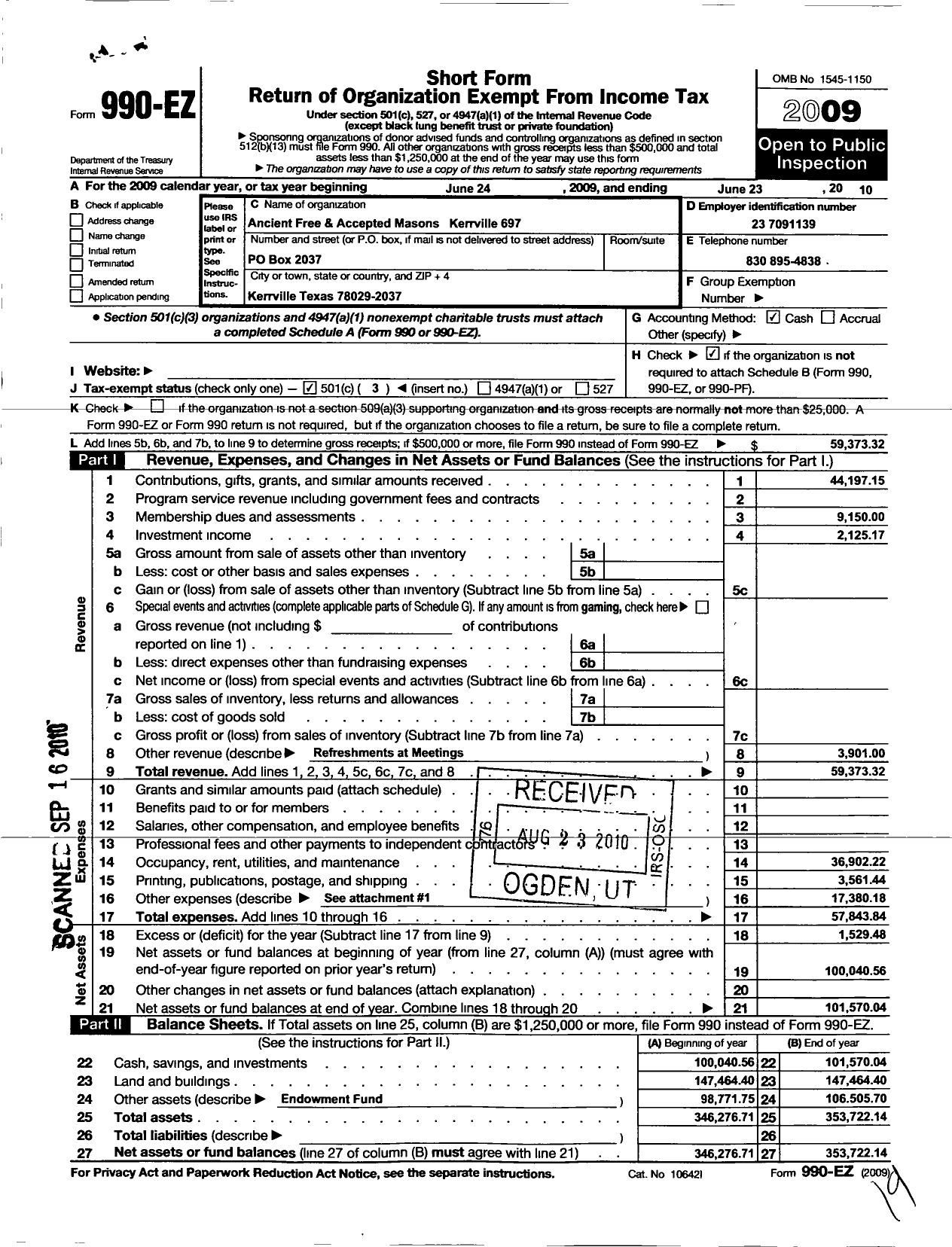 Image of first page of 2009 Form 990EZ for Freemasons in Texas - 697 Kerrville