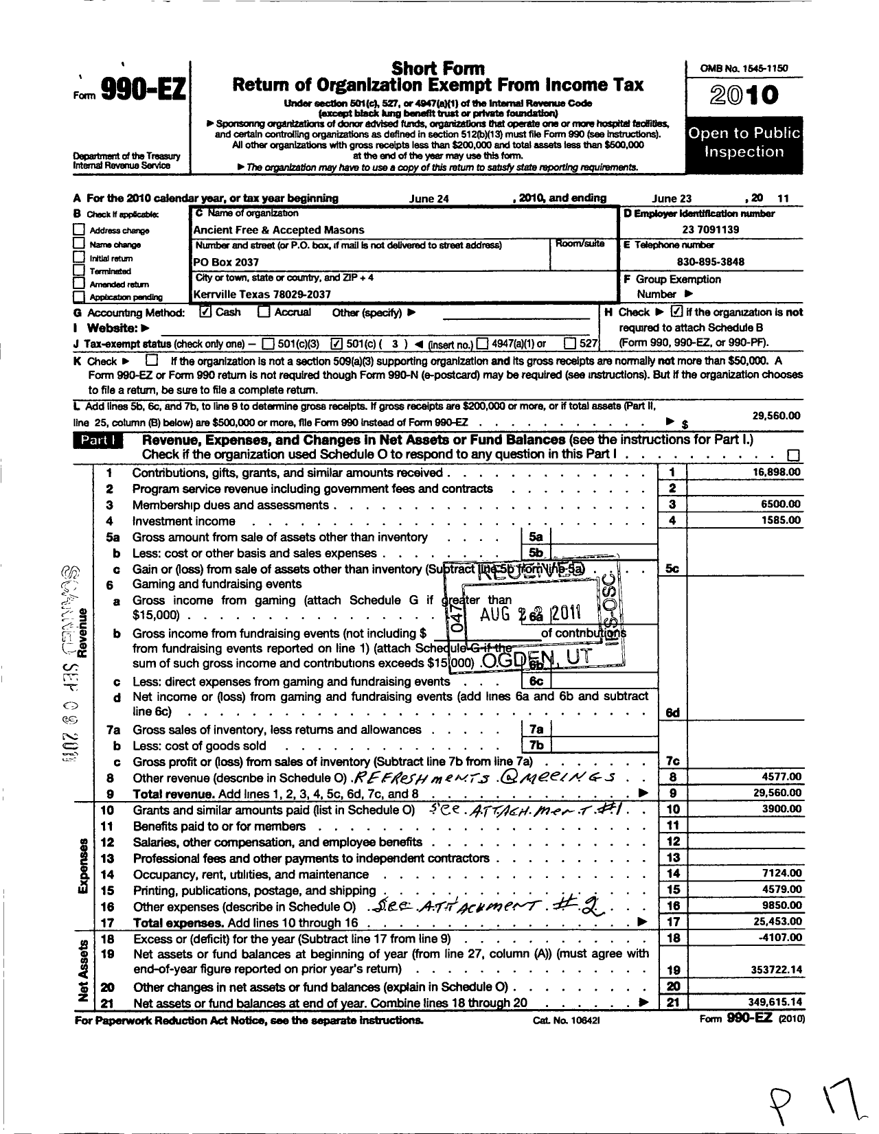 Image of first page of 2010 Form 990EZ for Freemasons in Texas - 697 Kerrville