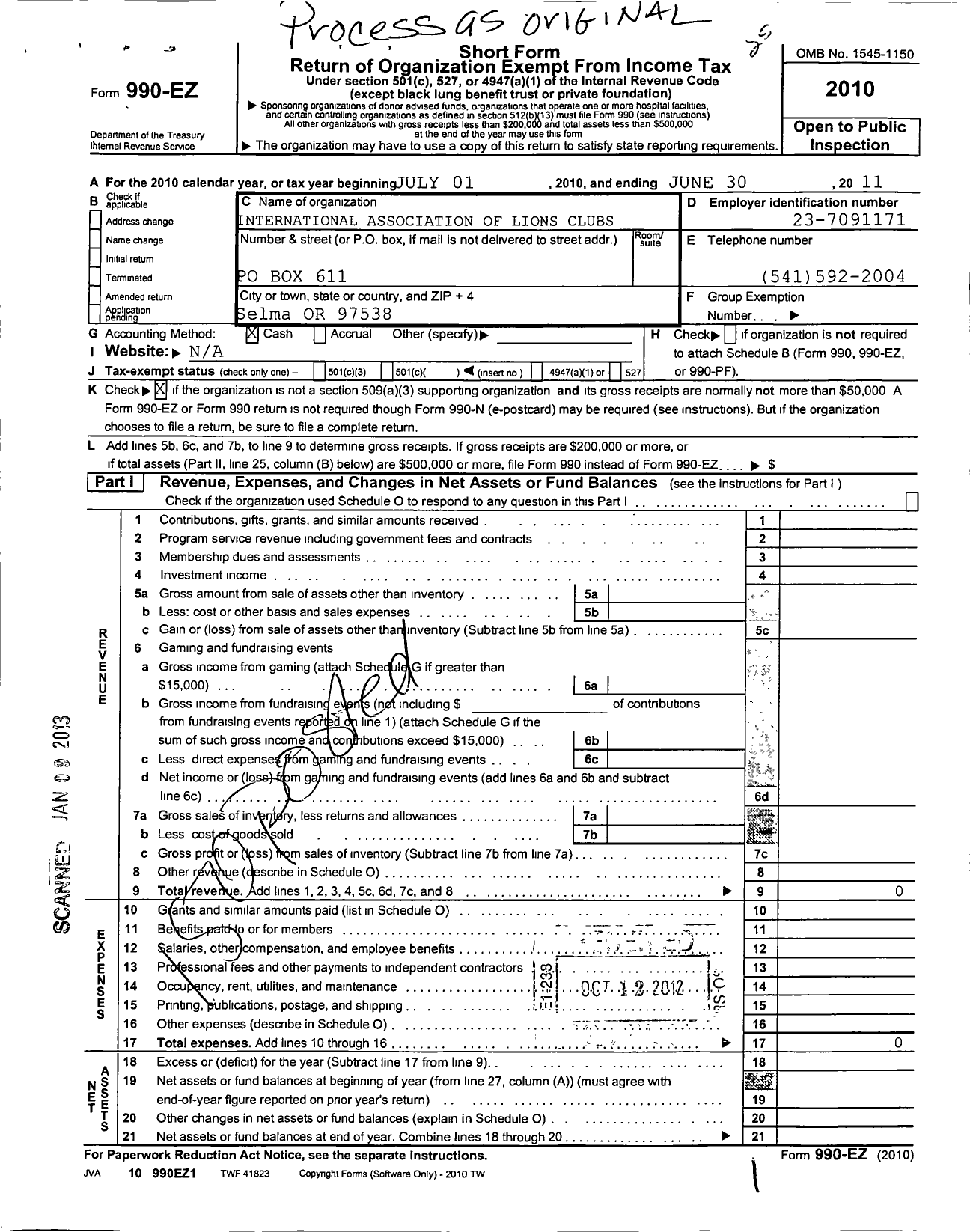 Image of first page of 2010 Form 990EO for Lions Clubs - 12893 Illinois Valley