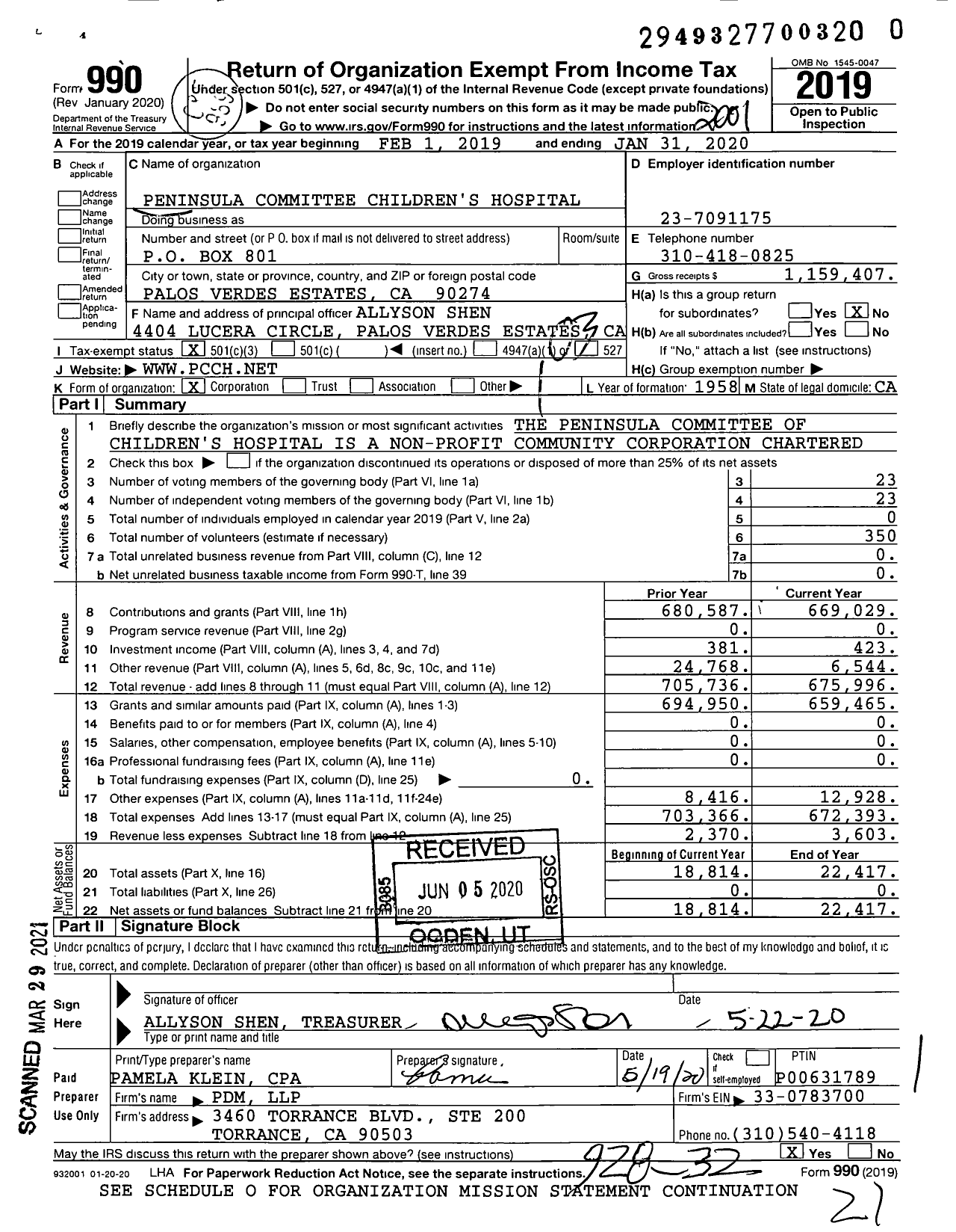 Image of first page of 2019 Form 990 for Peninsula Committee Childrens Hospital