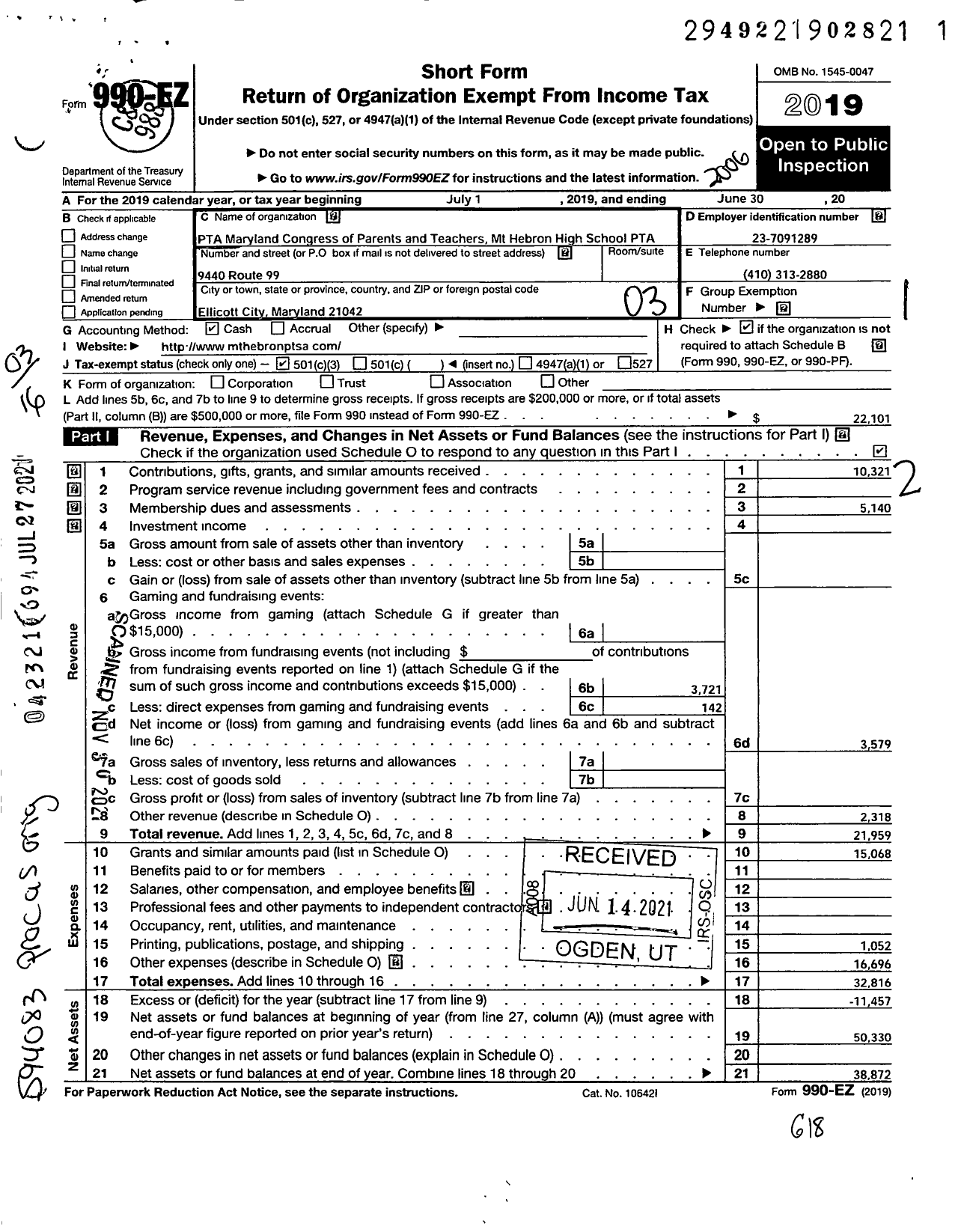 Image of first page of 2019 Form 990EZ for Mt Hebron High School PTSA