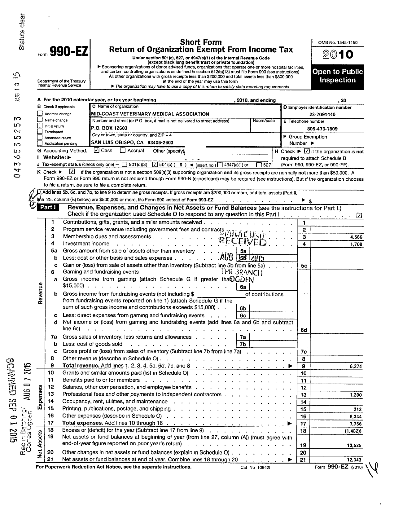 Image of first page of 2010 Form 990EO for Mid-Coast Veterinary Medical Association