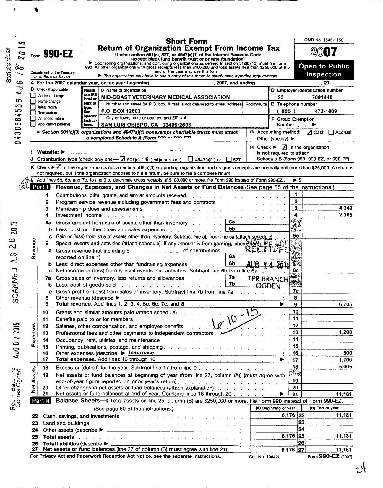Image of first page of 2007 Form 990EO for Mid-Coast Veterinary Medical Association