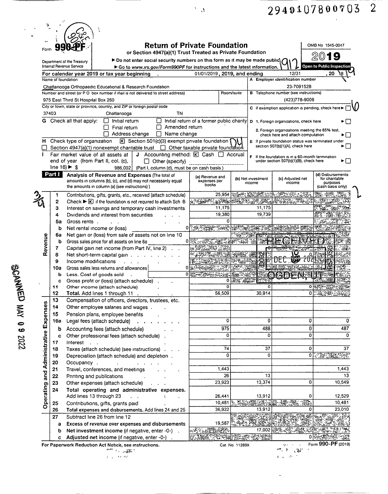 Image of first page of 2019 Form 990PF for Chattanooga Orthopaedic Educational & Research Foundation