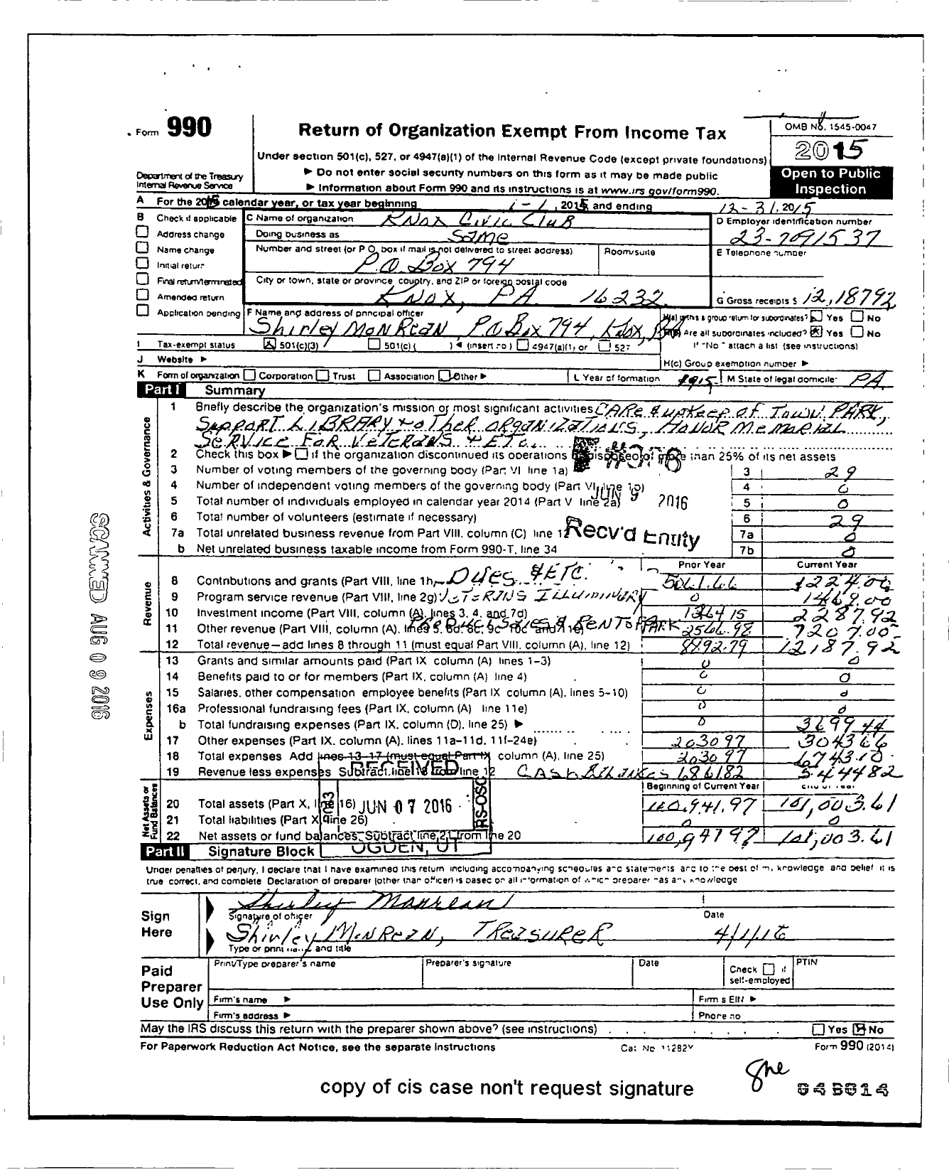 Image of first page of 2015 Form 990 for Knox Civic Club