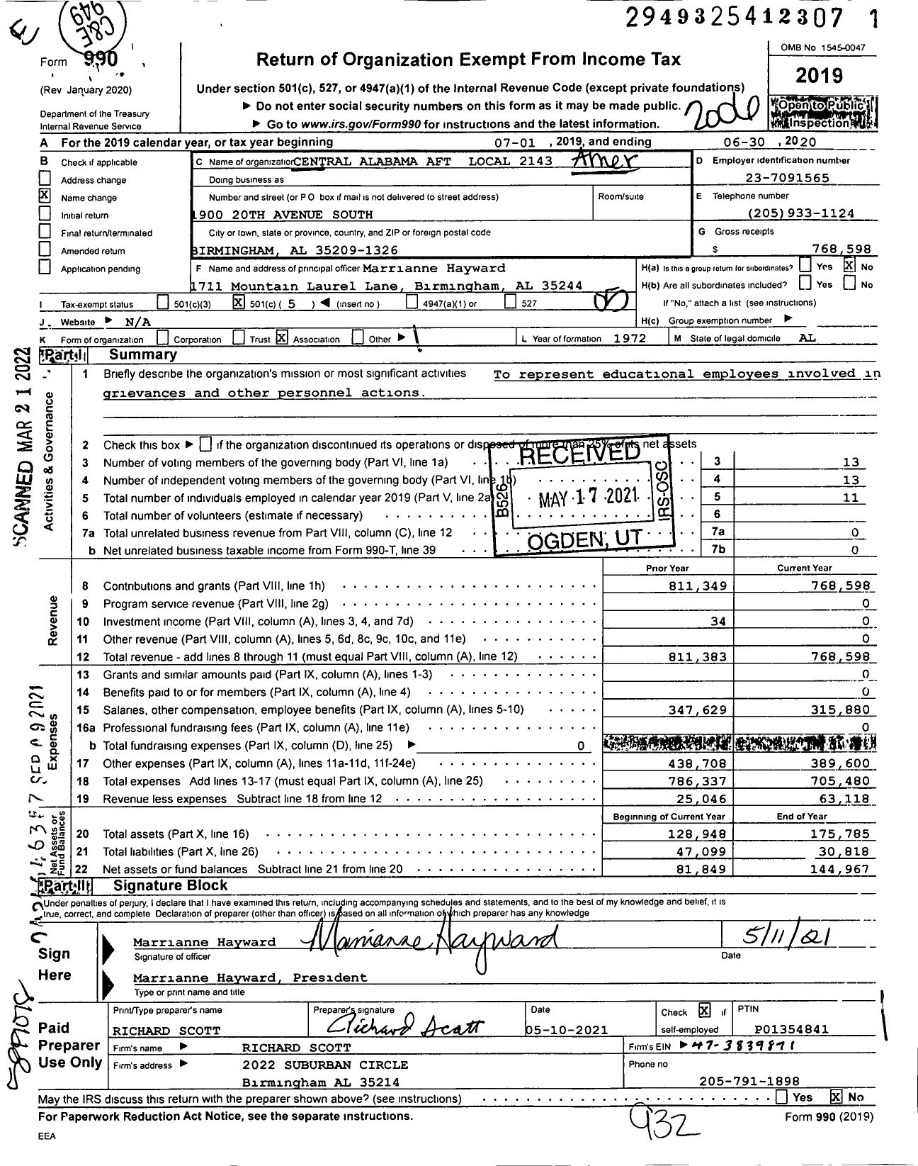 Image of first page of 2019 Form 990O for AMERICAN FEDERATION OF TEACHERS - 2143 AFT Jefferson County