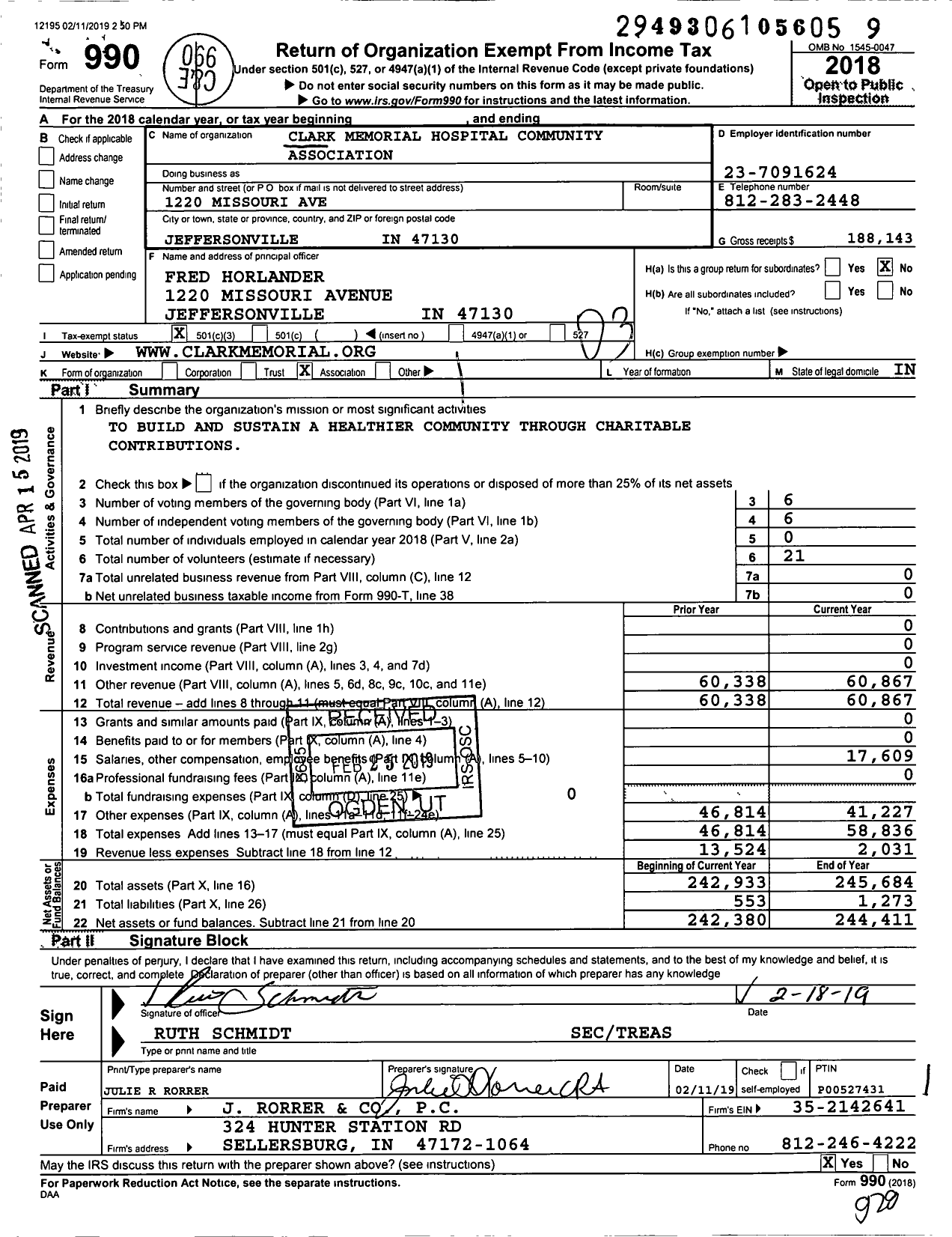 Image of first page of 2018 Form 990 for Clark Memorial Hospital Community Association