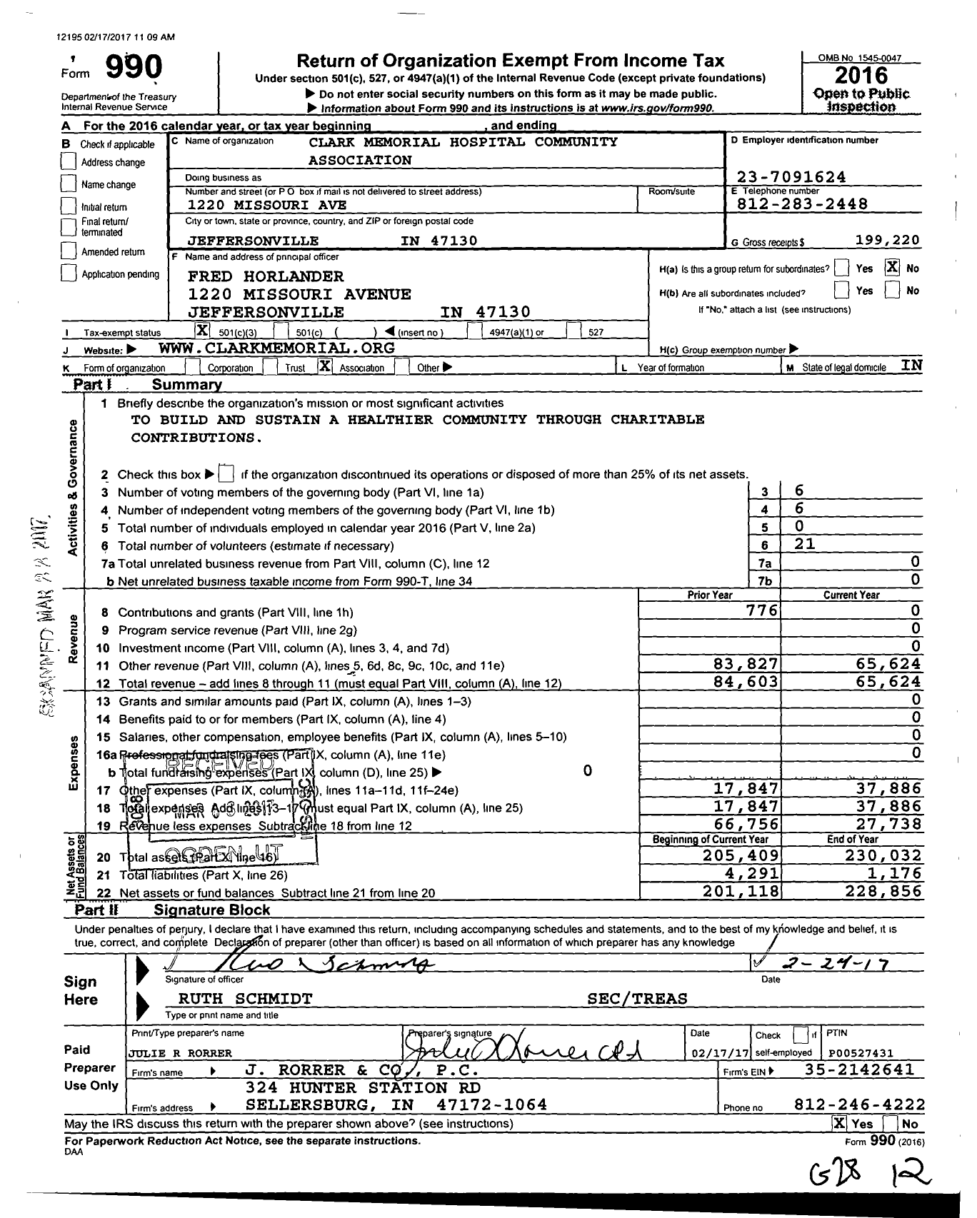 Image of first page of 2016 Form 990 for Clark Memorial Hospital Community Association