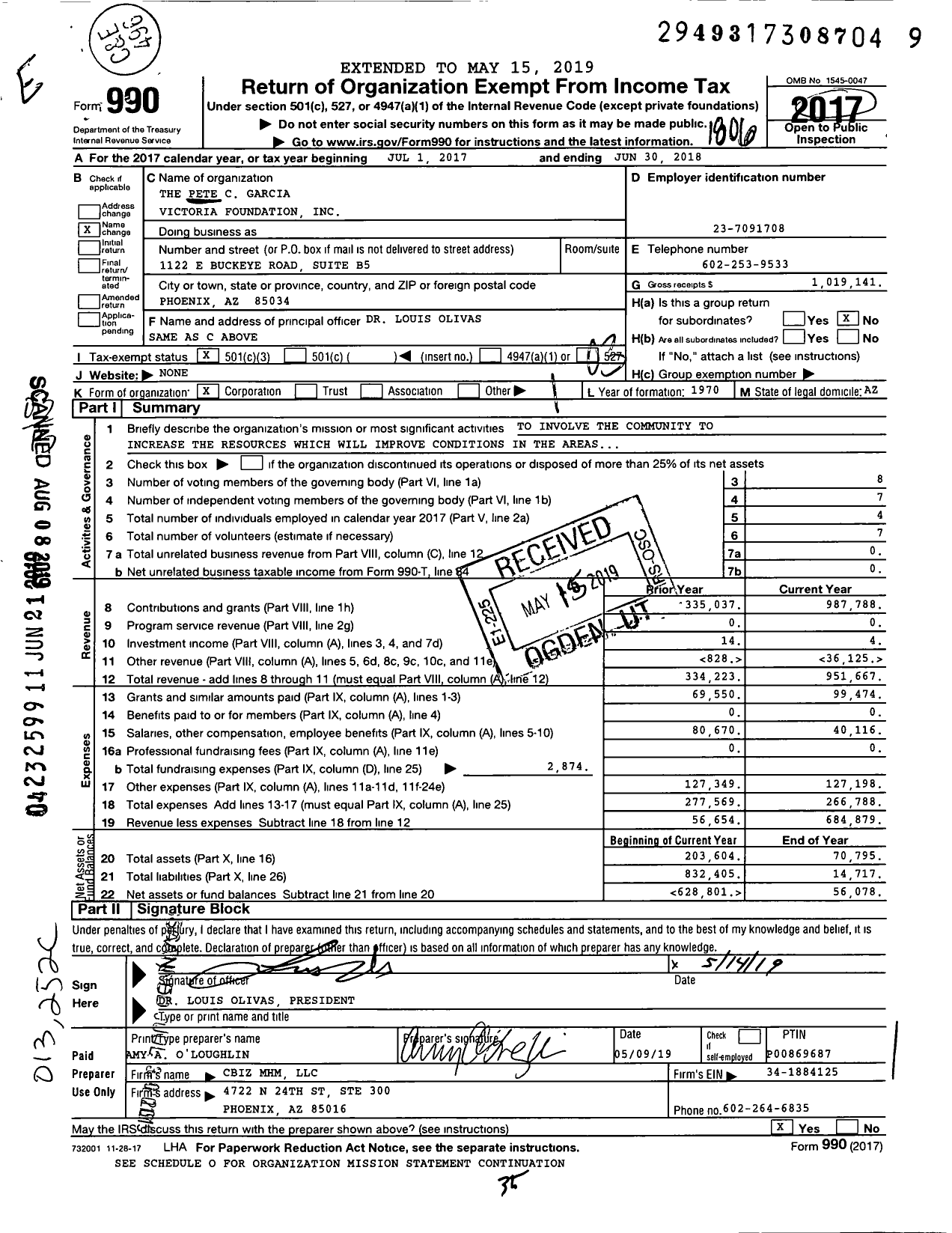 Image of first page of 2017 Form 990 for The Pete C Garcia Victoria Foundation