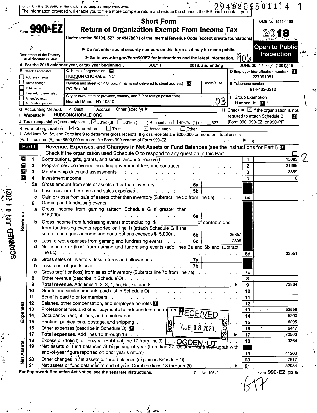 Image of first page of 2018 Form 990EZ for Hudson Chorale